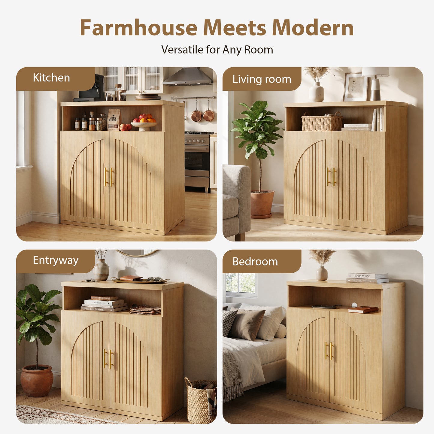 Hijob Modern 2 Door Sideboard, 31" Width Sideboard Cabinet with Metal Handle w/Curved Profile Design, Open Shelf Sideboard Wood Mid Century Vertical Sideboard w/Natural Texture for Living Room