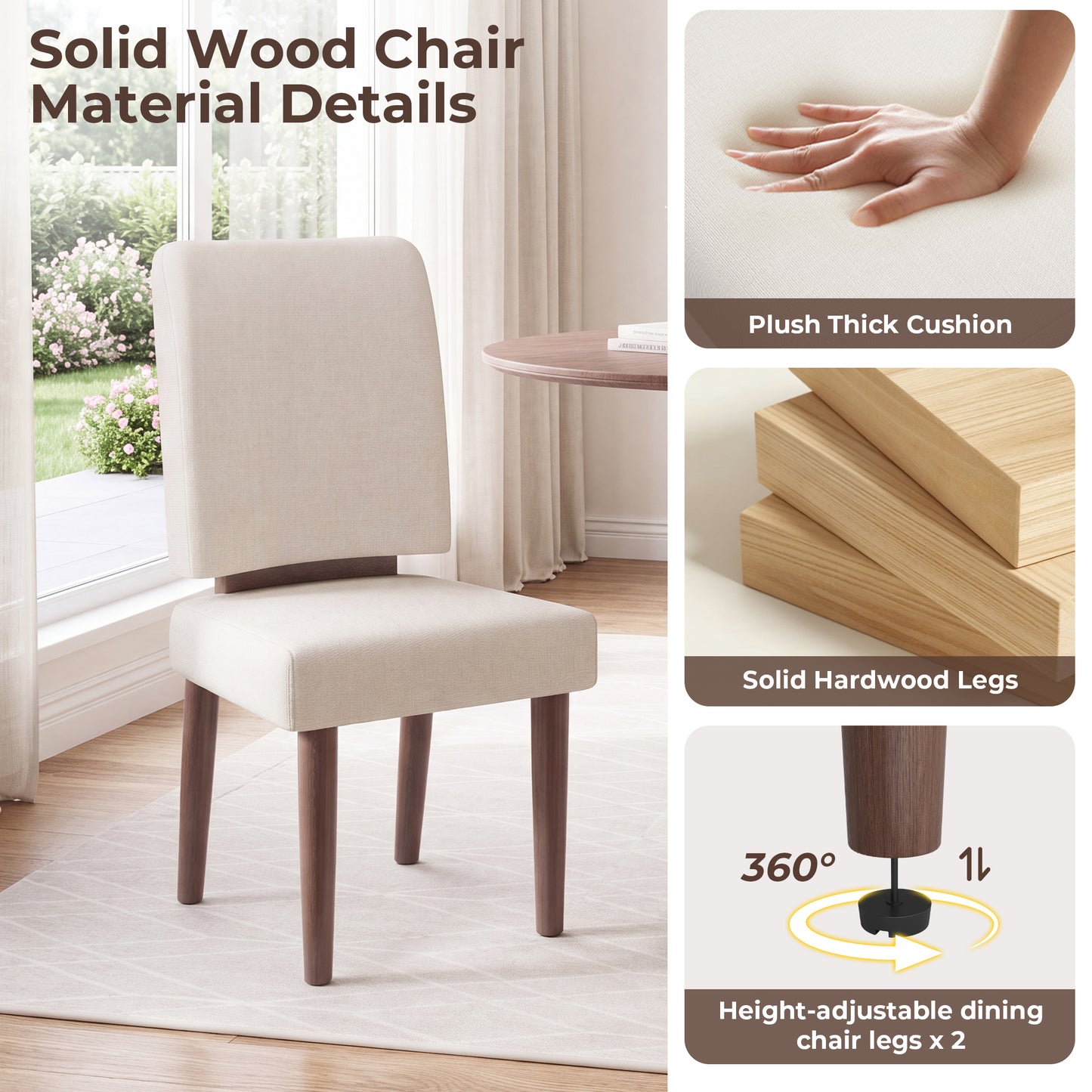 Hijob Upholstered Dining Chairs set of 2, Mid-Century Modern Solid Wood Legs Kitchen Chairs with Padded Seat & Backrest, Beige Fabric Accent Chairs for Dining Room, Living Room, Bedroom