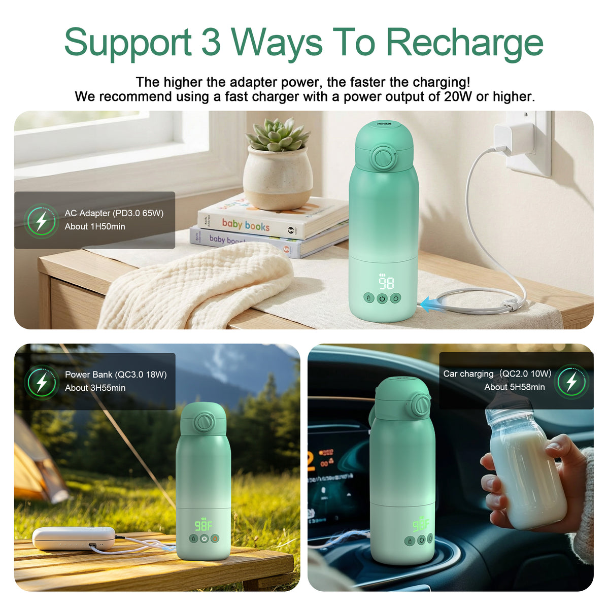 Vipuse Upgraded Bottle Warmer for Baby , Dual Heating Modes for Breast Milk and Water, 12 OZ Portable Milk Warmer, Green