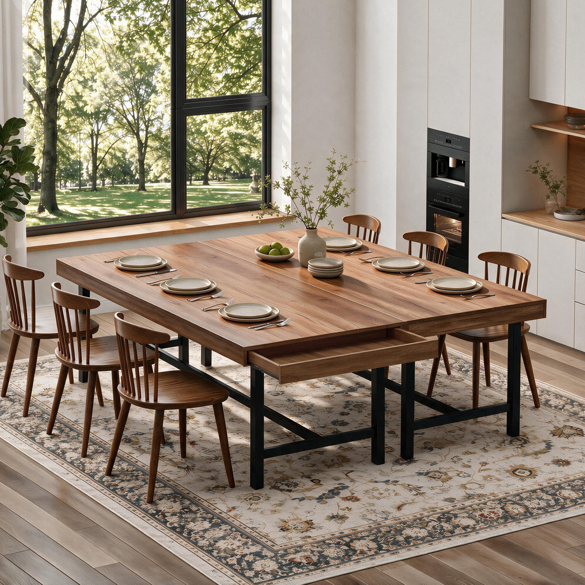 HiJob 71" Dining Table for 6-8 People with 2 Storage Drawers, 3.94" Thickened Tabletop, Modern Farmhouse Rectangular Wood Kitchen Table, Walnut Finish