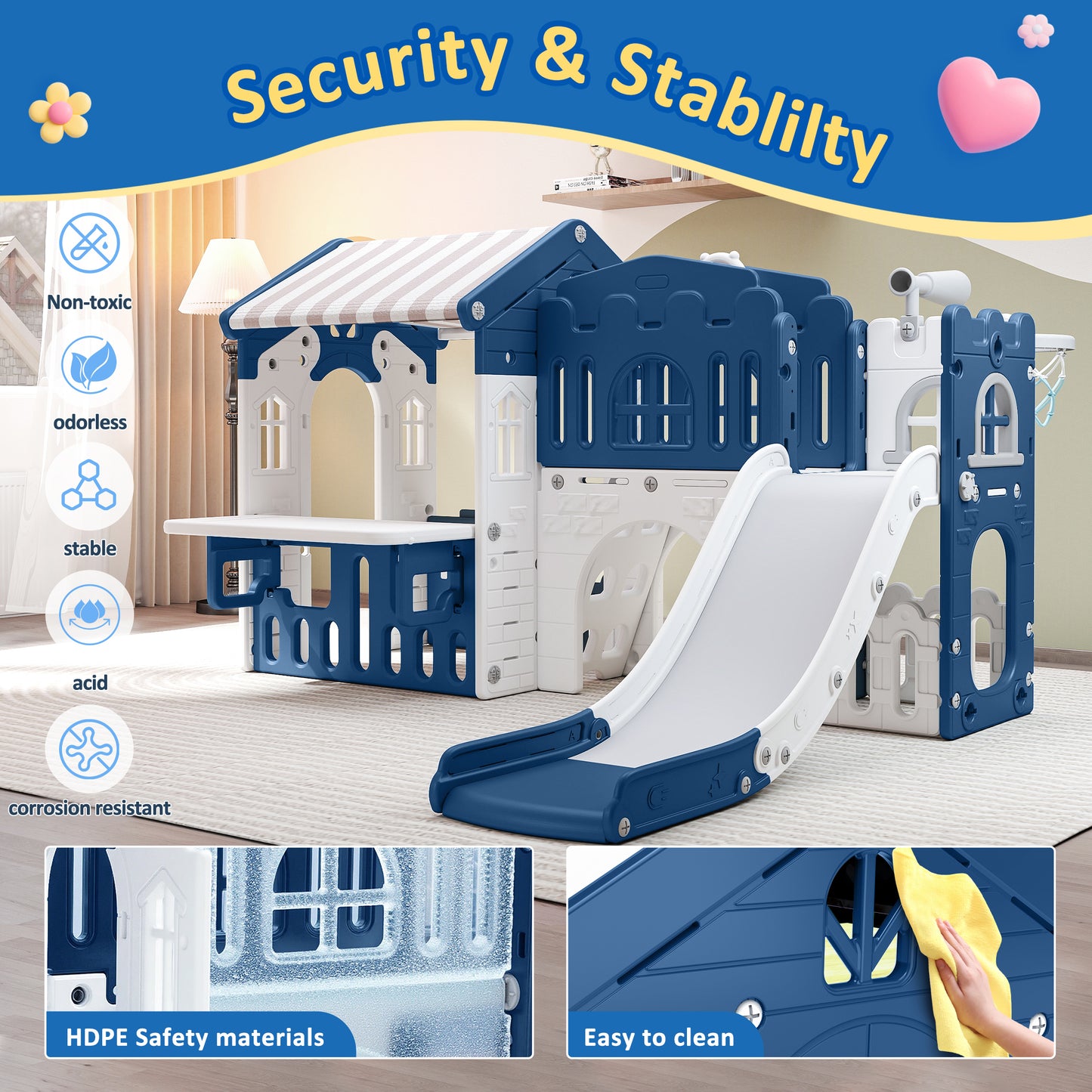 WFUN 9 in 1 Indoor Infant Toddler Playground Slides Playset for Backyard Home, Blue & Gray