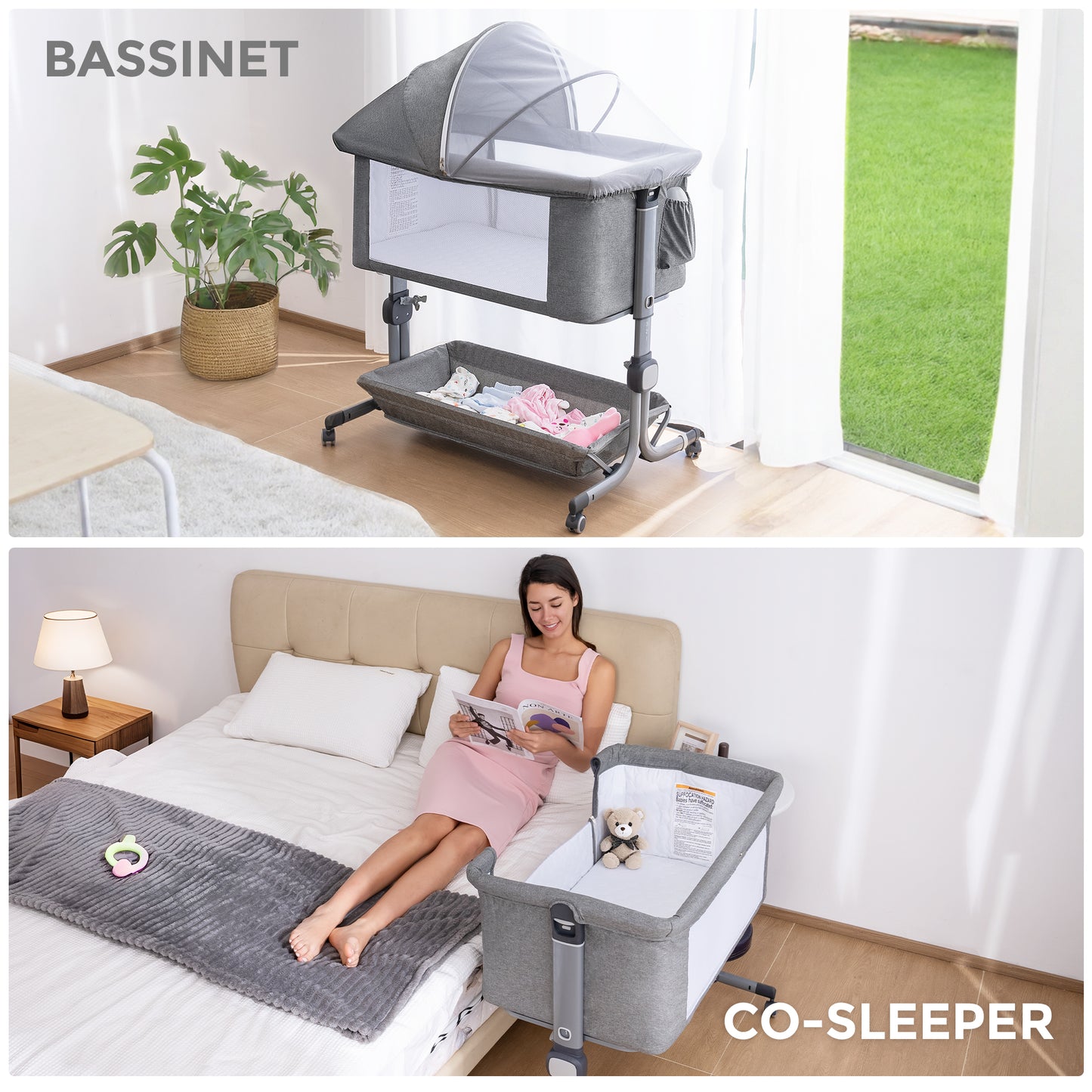 Anyask Baby Bedside Bassinet, 6 Height Adjustable Crib with Mosquito Net&Storage&Lockable Wheels for Infants, Light Grey