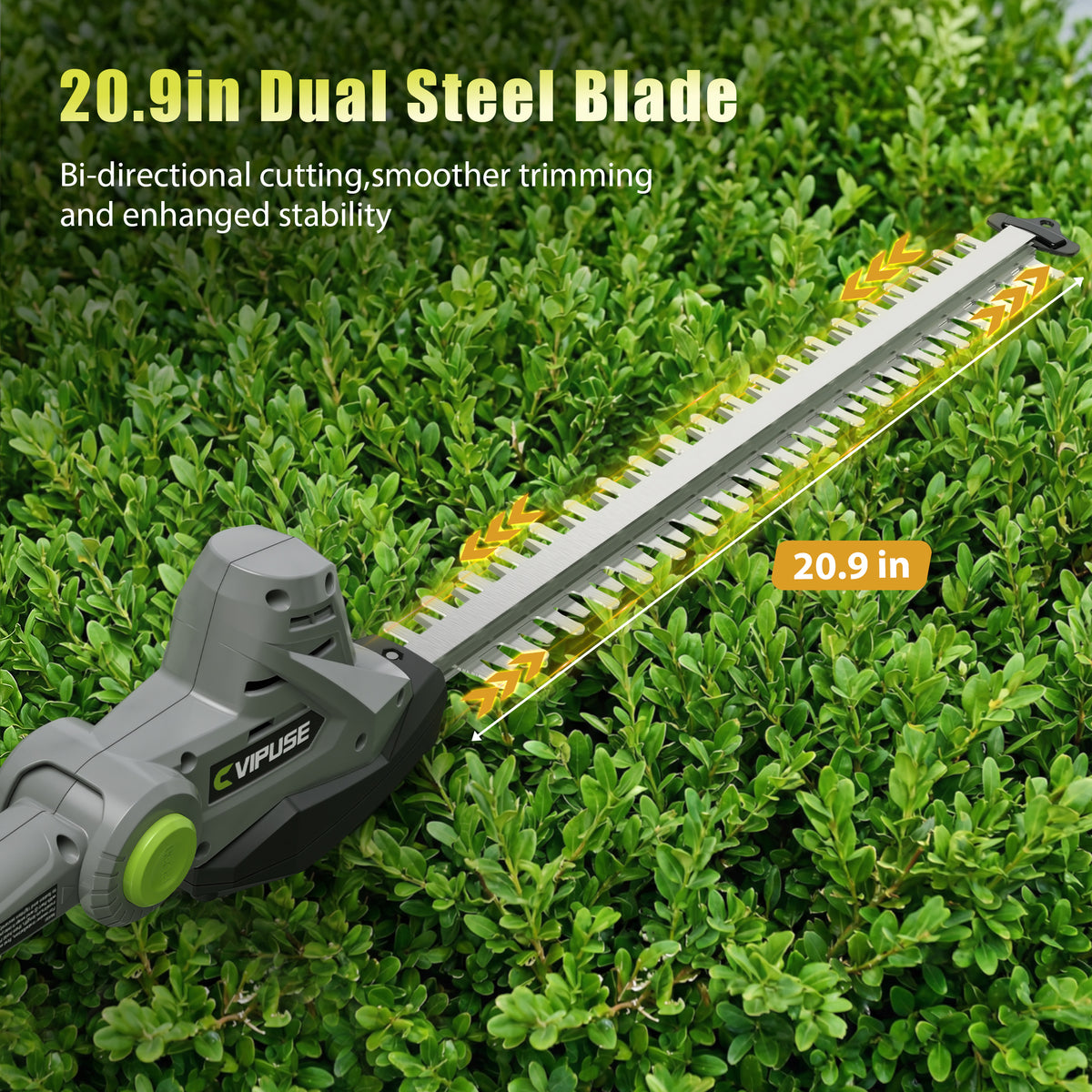 Vipuse Pole Hedge Trimmer Cordless, Electric Bush Trimmer Tool with 21" Dual-Action Blade, Detachable Telescoping Pole, 4.0Ah Battery, Powerful Branches Cutter for Tree & Shrubs Pruning