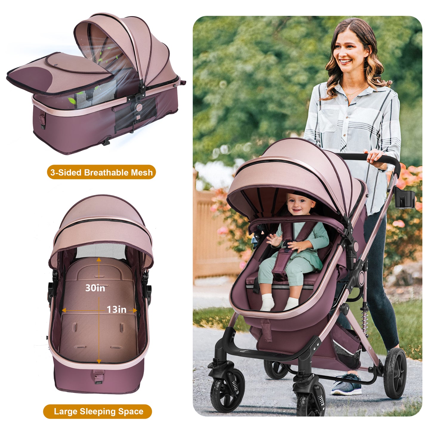 Welbabel Convertible Baby Stroller,Foldable Coches Para Bebes,Travel Stroller with Adjustable Canopy,Removable Footmuff, Adjustable Backrest,Newborn Bassinet Pram for 0-36 Months Baby,Brown