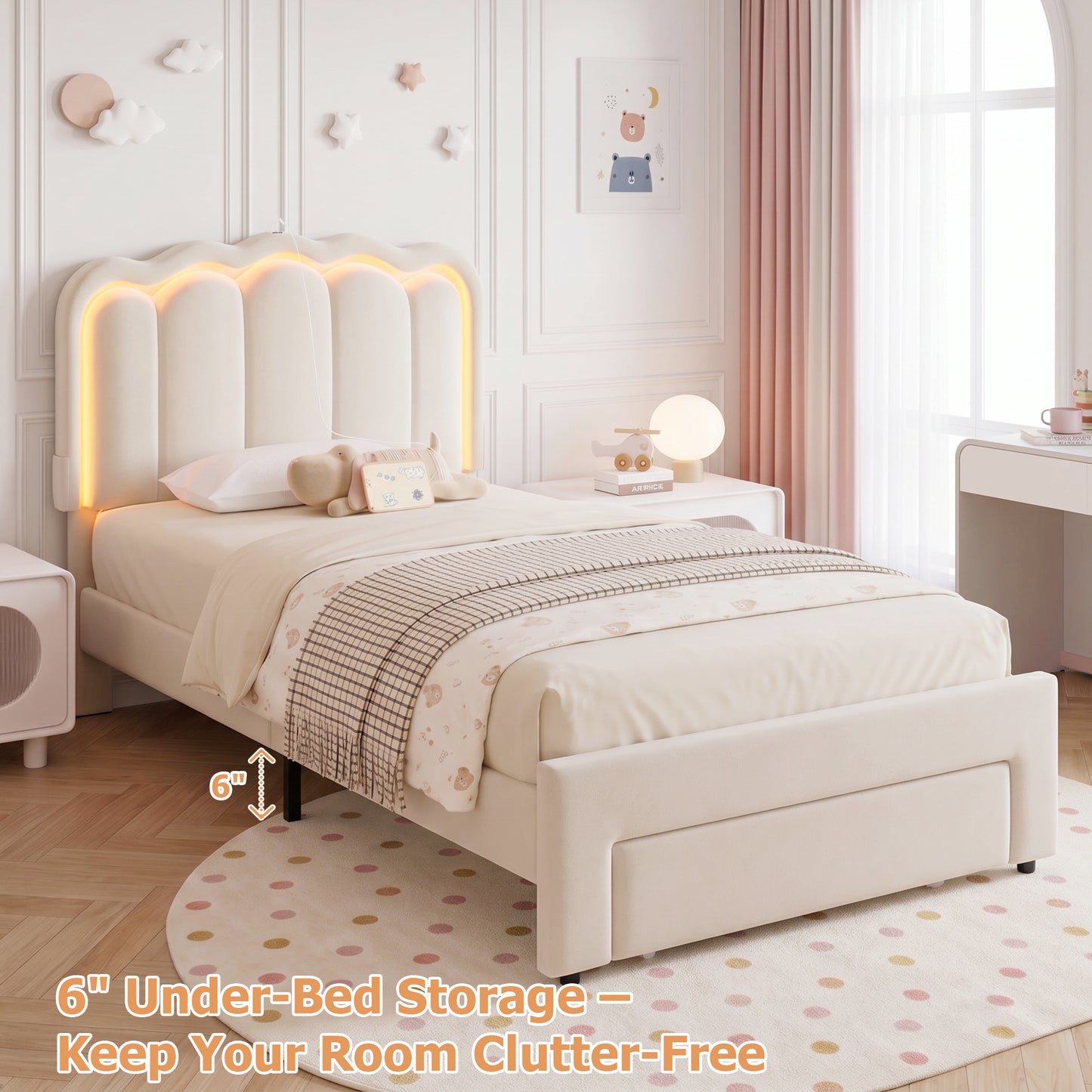 Hijob Twin Size LED Bed Frame for Girls/Kids with Storage Drawers, Velvet Upholstered Platform Bed with Adjustable Headboard, No Box Spring Needed, Beige
