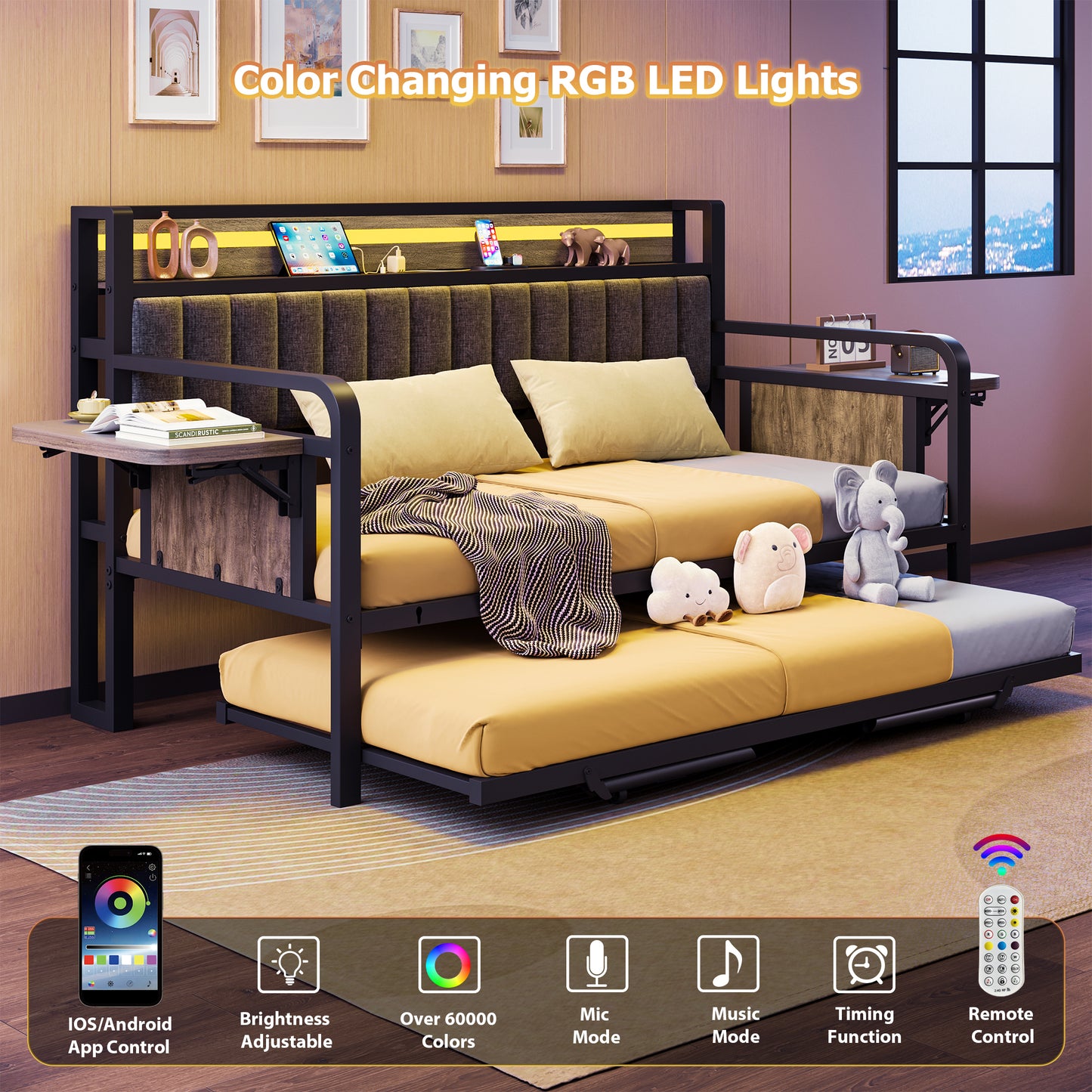 Anyact Twin Daybed with Side Table, Heavy Duty Metal Bed Frame with Pop Up Trundle, LED Lights Charging Station Upholstered Storage Headboard, Twin Sofa Bed for Living Room Bedroom Guest Room, Gray