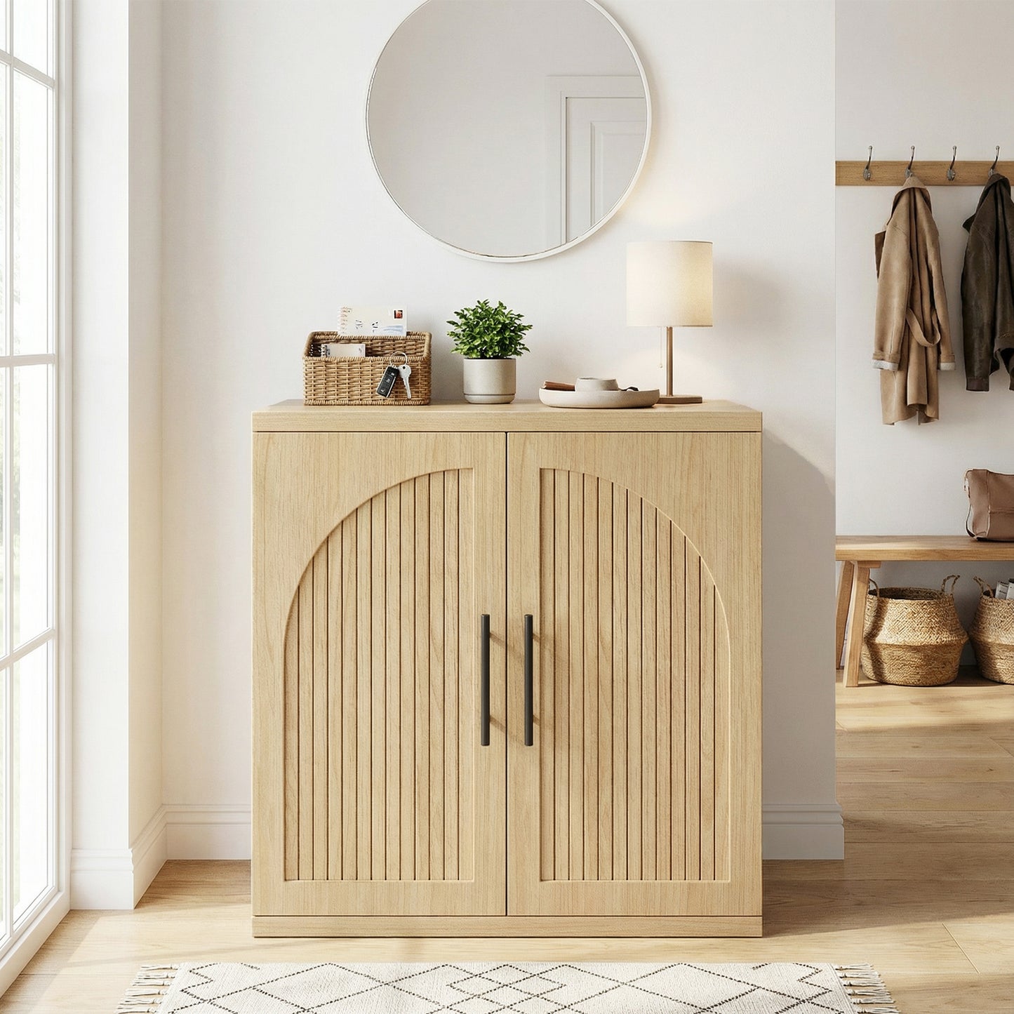 Hijob Modern 2 Door Sideboard, 32" Tall Sideboard Cabinet with Metal Handle w/Curved Profile Design, Wood Mid Century Vertical Dresser w/Natural Texture for Living Room, Natural Oak