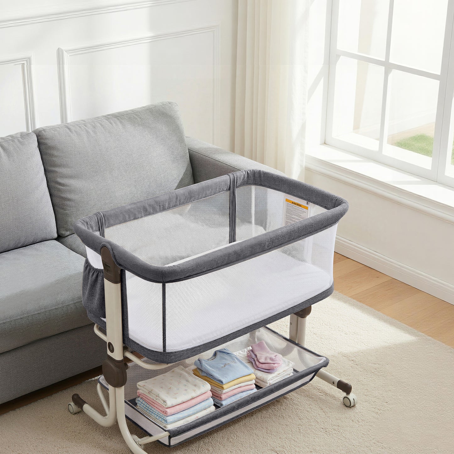 Minikid 3-in-1 Baby Bassinet Bedside Sleeper, 6 Height Adjustments, Full Mesh Breathable, Portable Newborn Baby Crib with Storage Basket,Dark Gray