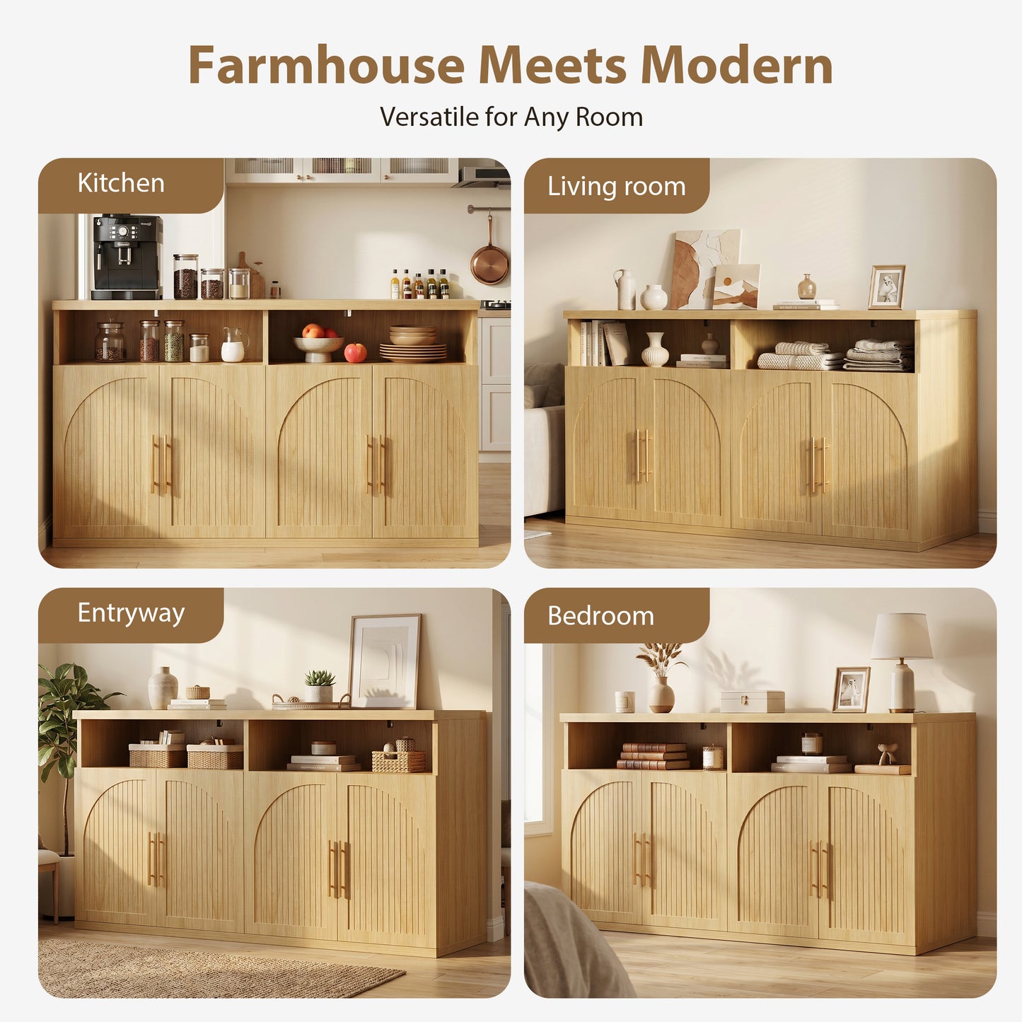 Hijob Modern Fluted Sideboard Cabinet, 63" Width Sideboard with Metal Handle w/Curved Profile Design, Open Shelf Sideboard, Natural Oak