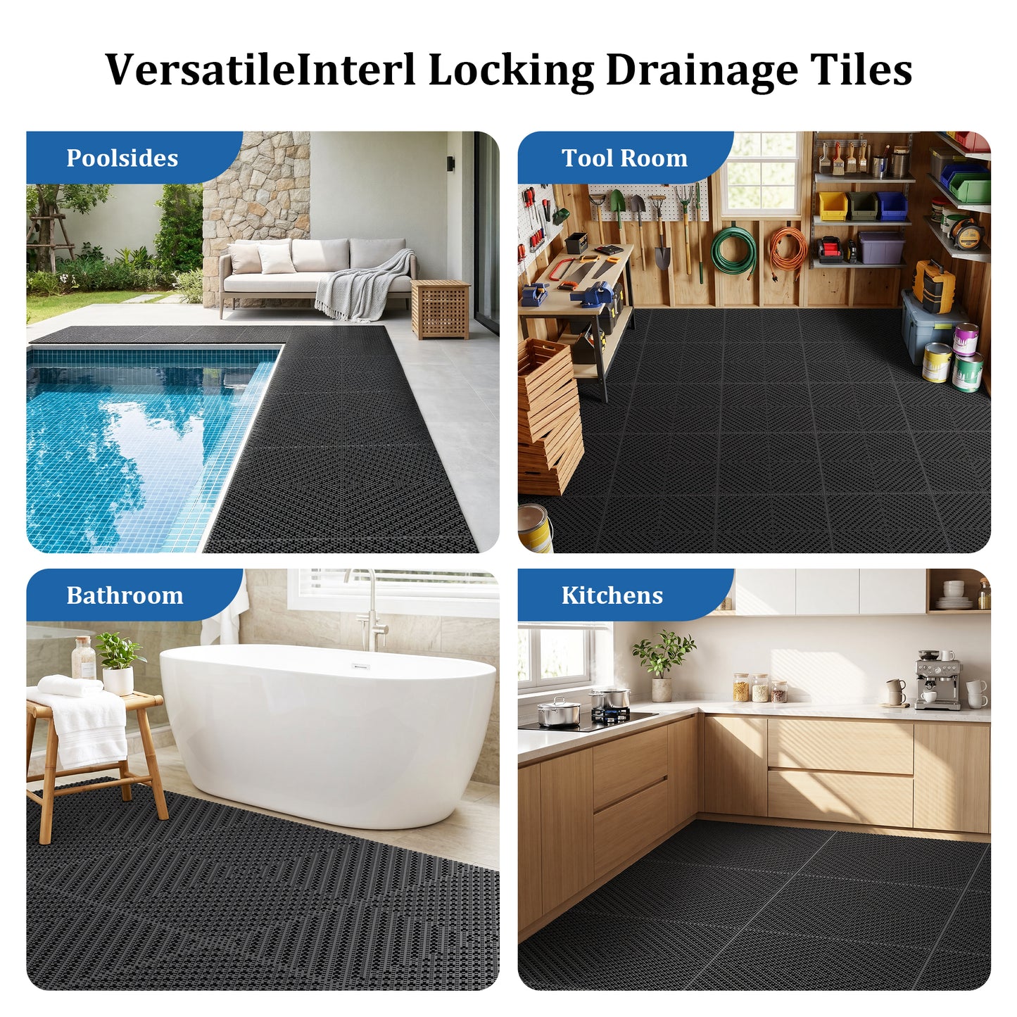 Vipuse 60PCS Interlocking Tile Cushion,12" x 12" Drainage Floor Mats, Soft PVC Non-Slip Tiles with Drainage Holes for Wet Areas like Bathrooms, Kitchens, Pools, and Restrooms, Black