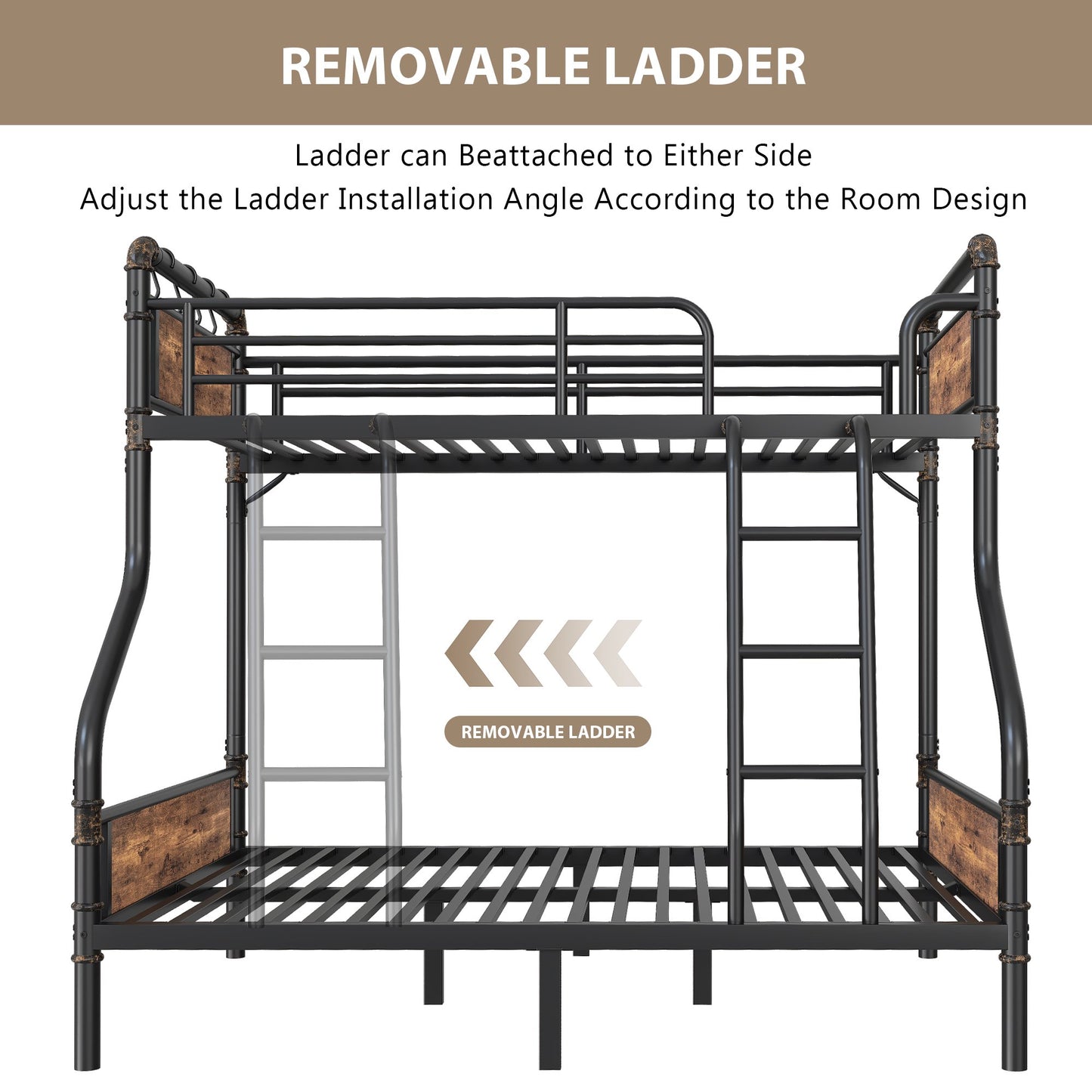 Hijob Twin over Full Bunk Bed, Antique Heavy Duty Metal Bed Frame with Storage Bag&Hooks for Adults Teens, Convertible into 2 Seperate Beds, Black&Brown