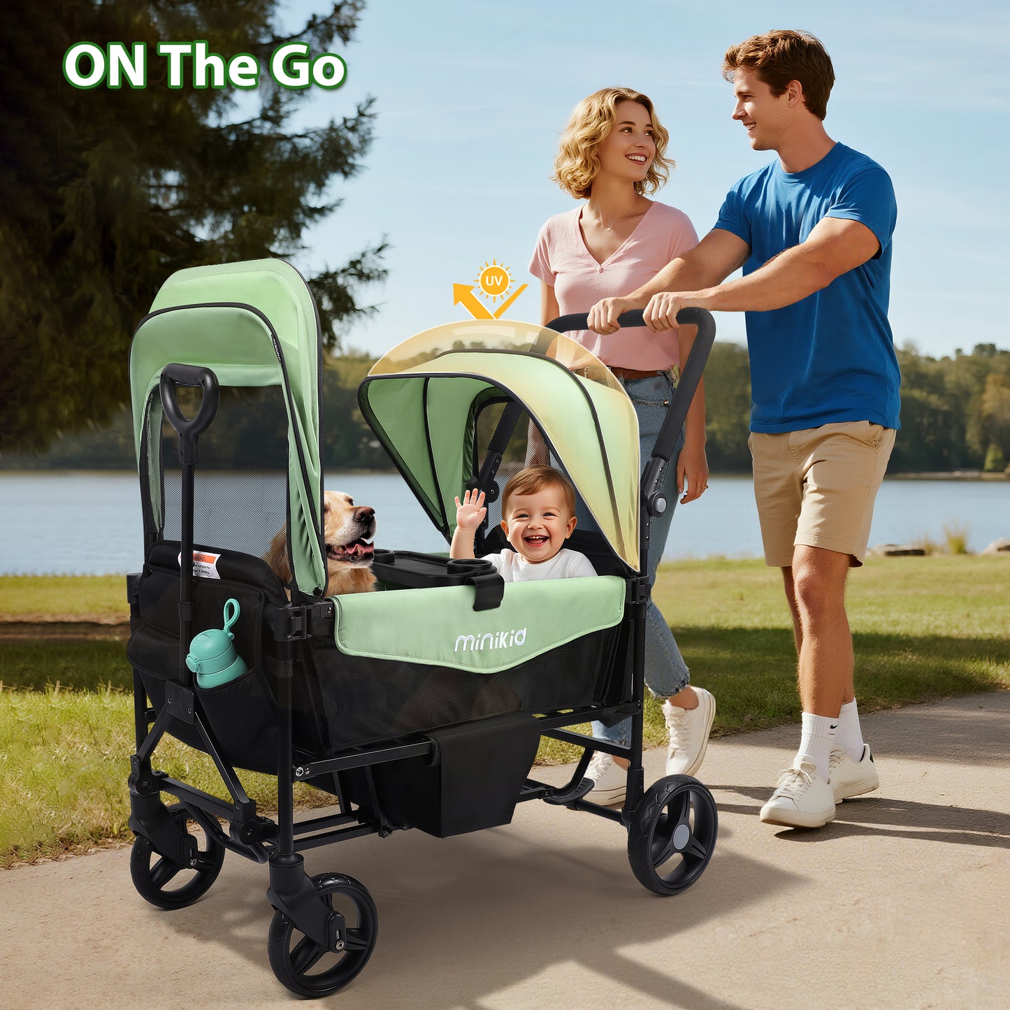 Minikid Baby Stroller Wagon With Canopy,Organizer,Adjustable Handle & Pull Bar for Infants and Toddlers,Green