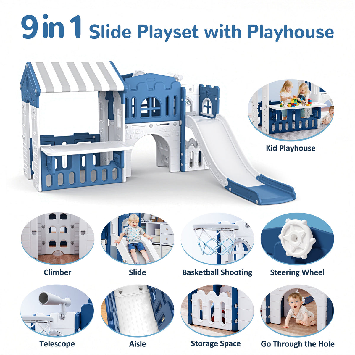 Vipuse Slide for Kids,9 in 1 Toddler Climber Playground Playset for Indoor Outdoor Backyard Home, Blue & Gray
