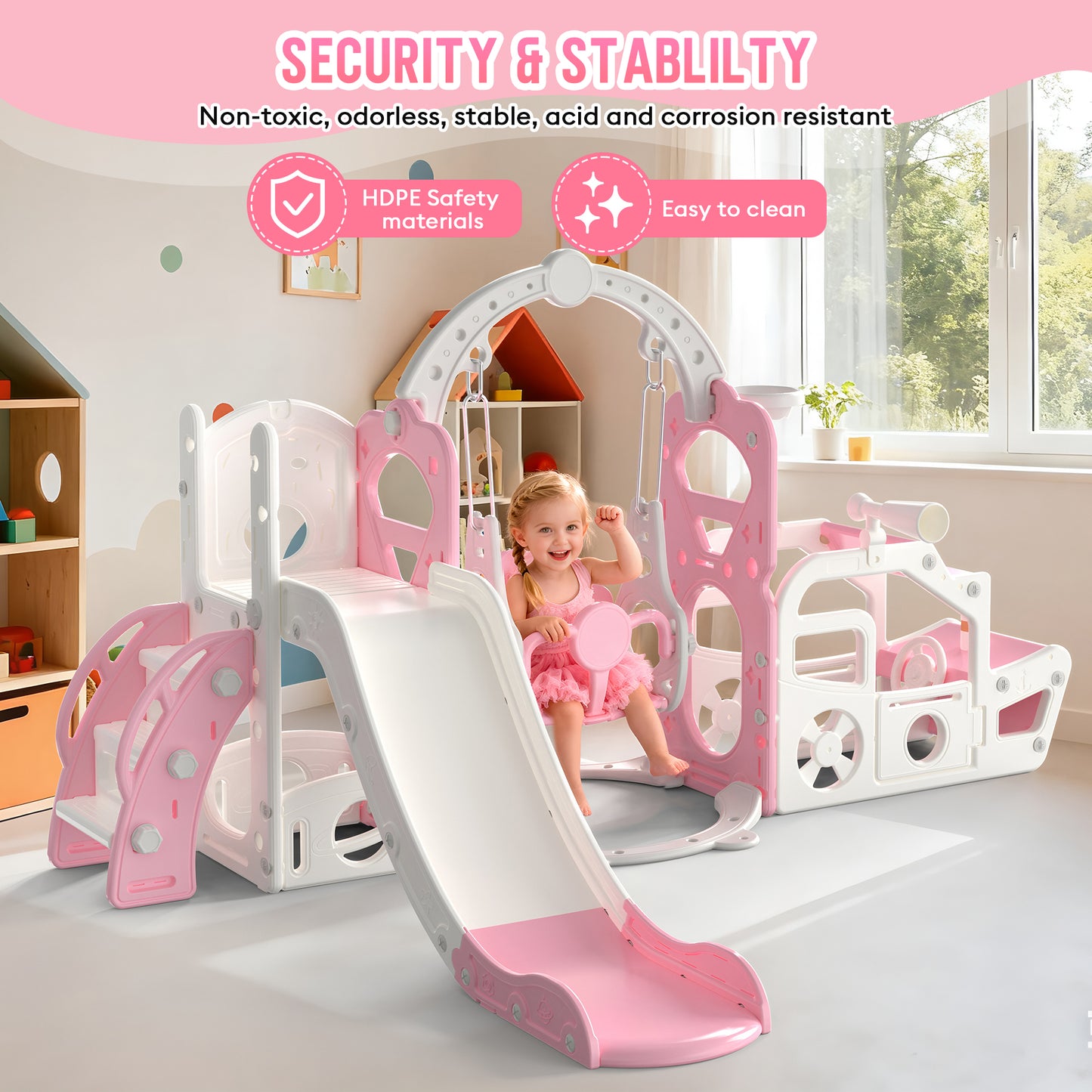 Vipuse 6 in 1 Kid Slide, Indoor and Outdoor Toddler Playground for Girls Age 1-3,Pink