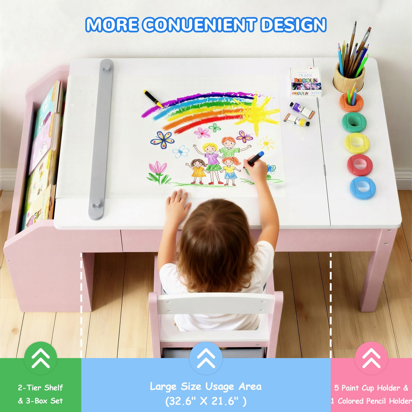Hijob 5-in-1 Kids Art Table & Chair Set – Convertible Easel with Paper Roll Holder, Storage Drawers & Foldable Craft Desk, Toddler Activity Learning Center for Playroom, Pink