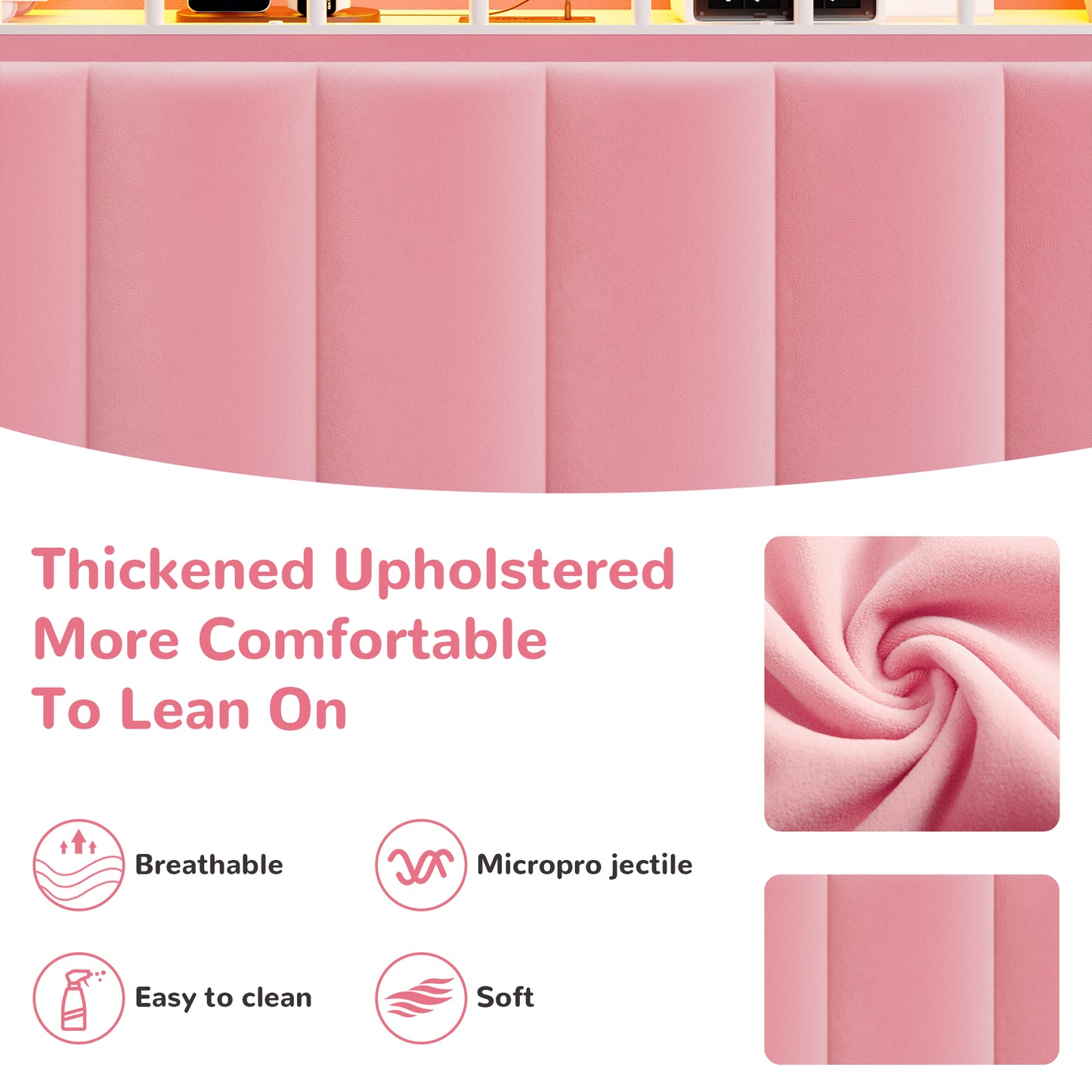 Hijob Pink Velvet Upholstered Platform Twin Size LED Bed Frame with Drawer Adjustable Lighted Headboard for Girls Kid's Bedroom