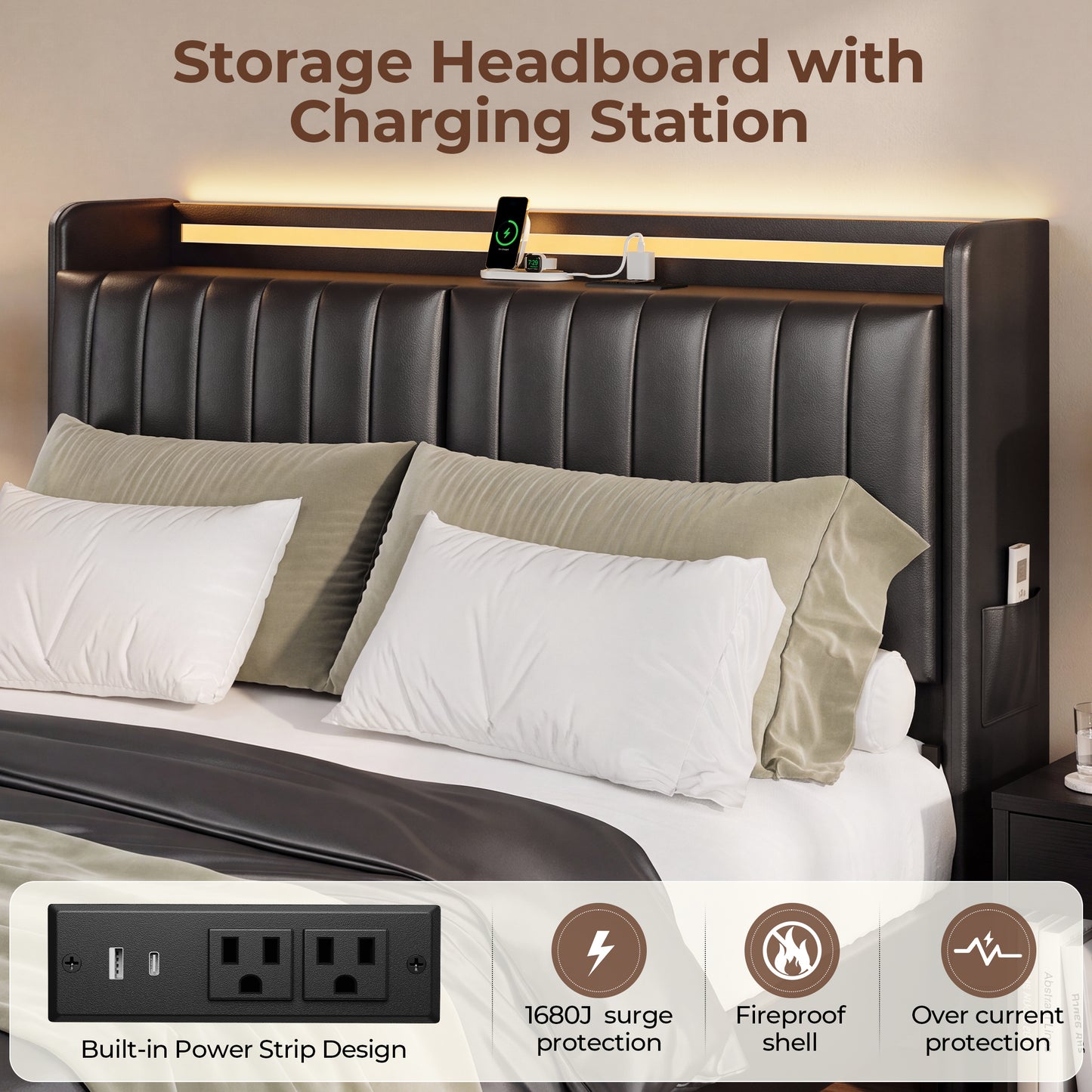 HiJob Queen Size Floating Bed Frame with Reclining PU Leather Storage Headboard, 3 Adjustable Positions, RGB LED Lights, Charging Station, Heavy Duty Platform Bed