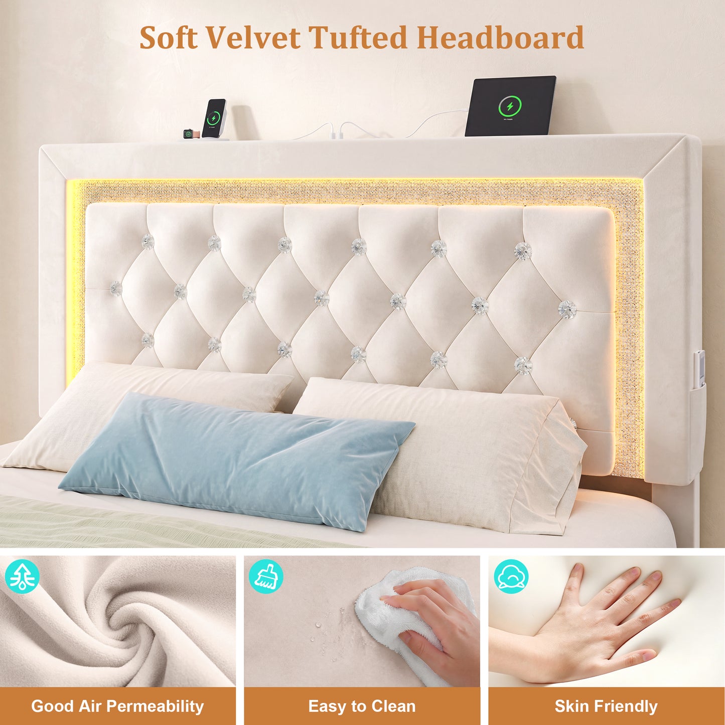 Hijob Queen Bed Frame with Headboard, Beige Velvet Tufted Headboard and 2 Storage Drawers, No Box Spring Needed, Built in Charging Station & LED Lights, Light Beige