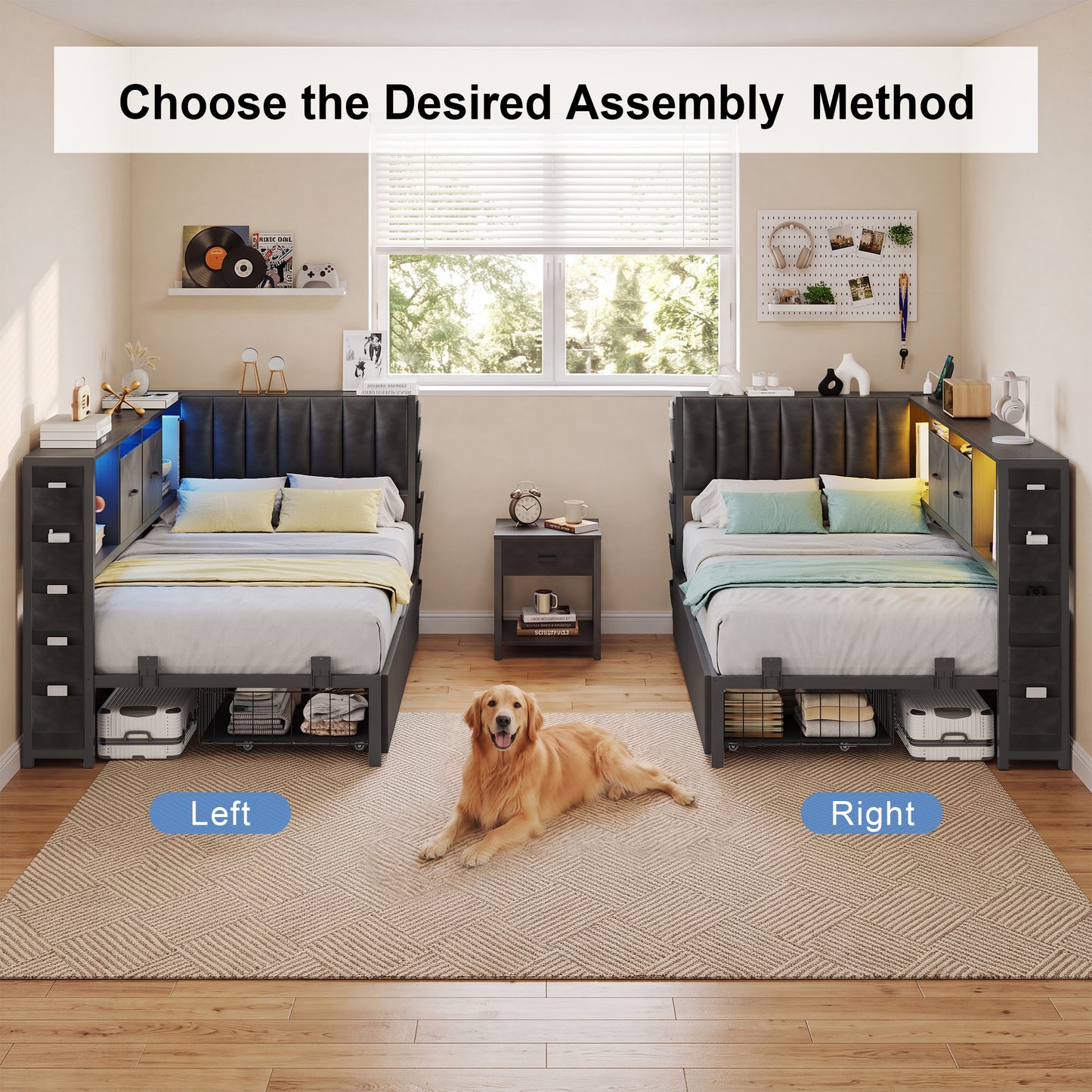 HiJob Twin Corner Bed Frame with Upholstered Storage Headboard, 2 Large Storage Drawers