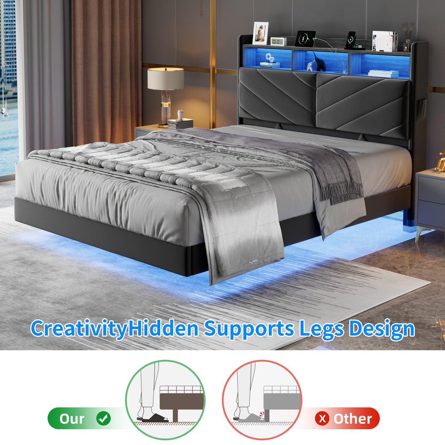 Hijob Floating Upholstered Bed Frame Queen Size with Ergonomic & Adjustable Storage Headboard, Gray