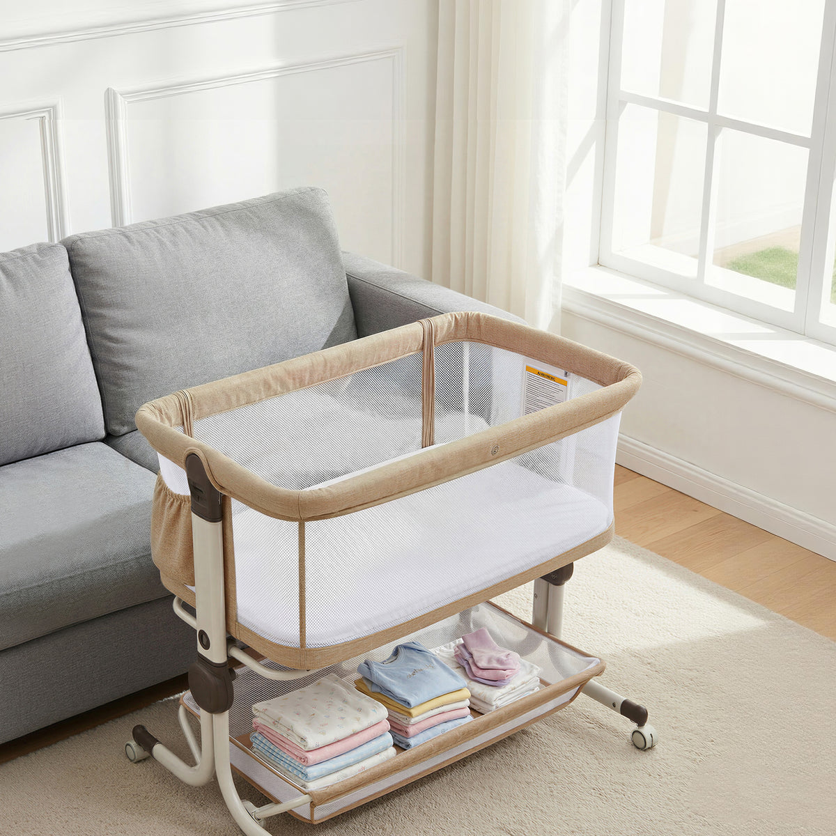 Vipuse 3-in-1 Baby Bassinet Bedside Sleeper, 6 Height Adjustments, Full Mesh Breathable, Portable Newborn Baby Crib with Storage Basket,Oatmeal