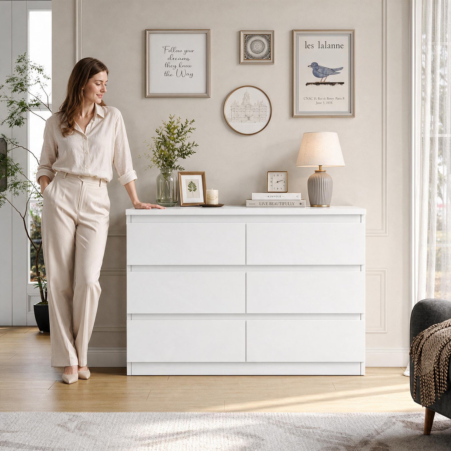 Hijob 6-Drawer Dresser, Modern White Dresser 47.3" Wide Sturdy Simply Chest of Drawers, Handle-Free Storage Organizer and Deep Drawers for Bedroom Living Room Entryway, White