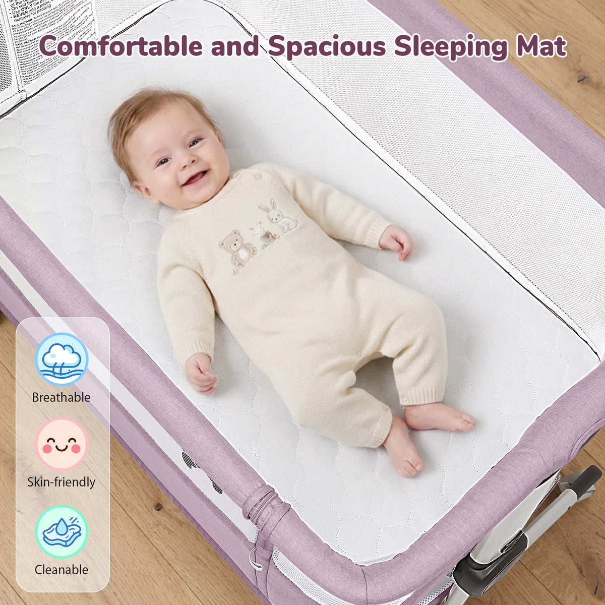Vipuse 3-in-1 Baby Bassinet Bedside Sleeper, 6 Height Adjustments, Full Mesh Breathable, Portable Newborn Baby Crib with Storage Basket, Pinkish Purple