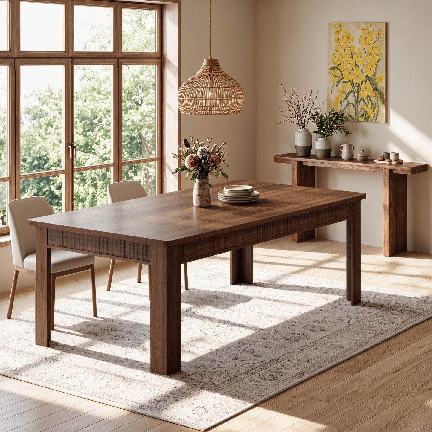 HiJob 70" Dining Table for 6-8 People, Fluted Modern Farmhouse Kitchen Table with 35.5" Extra-Wide Tabletop, Large Rectangular Wood Dining Table, Walnut Finish