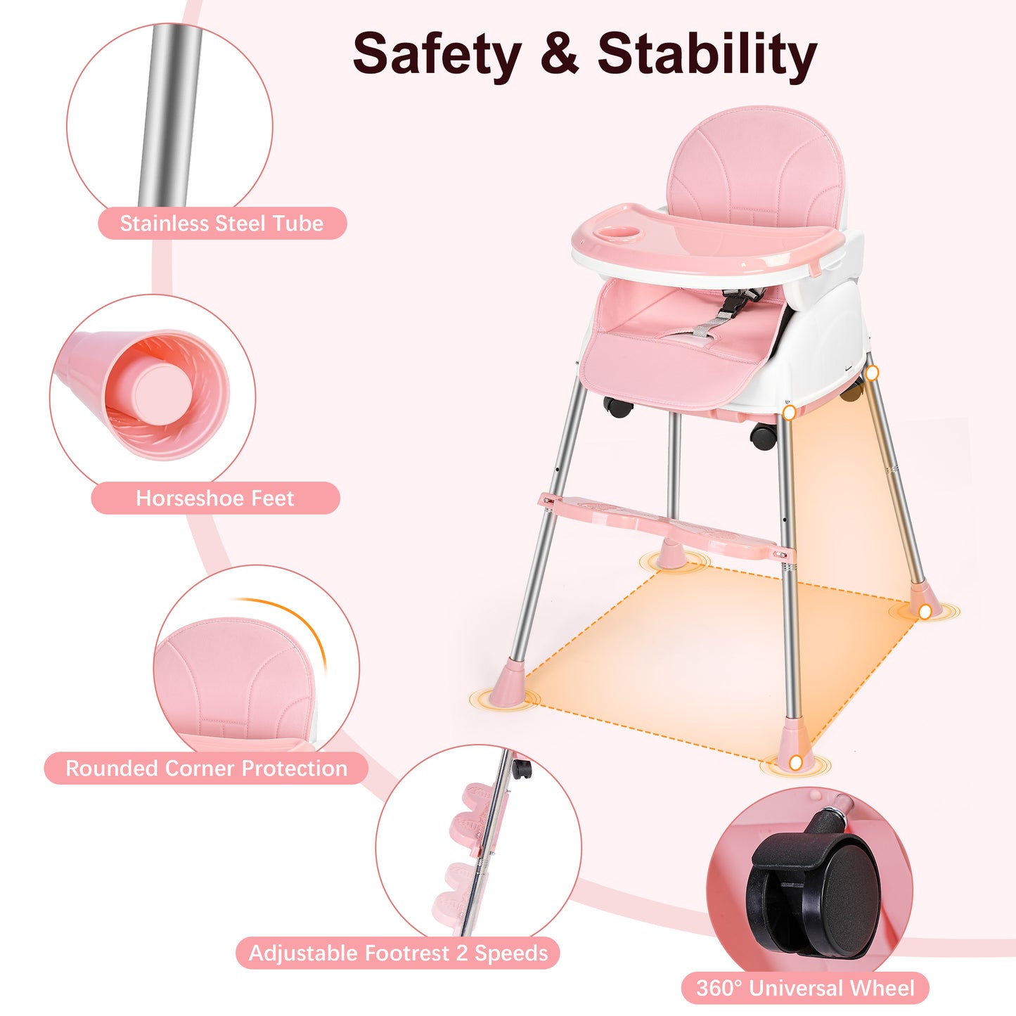 Welbabel Baby High Chair,5-in-1 Convertible Highchair for Babies and Toddlers with 3-Point Seat Belt,Double-layer Dinner Plate,Baby Seat for Walk,Pink