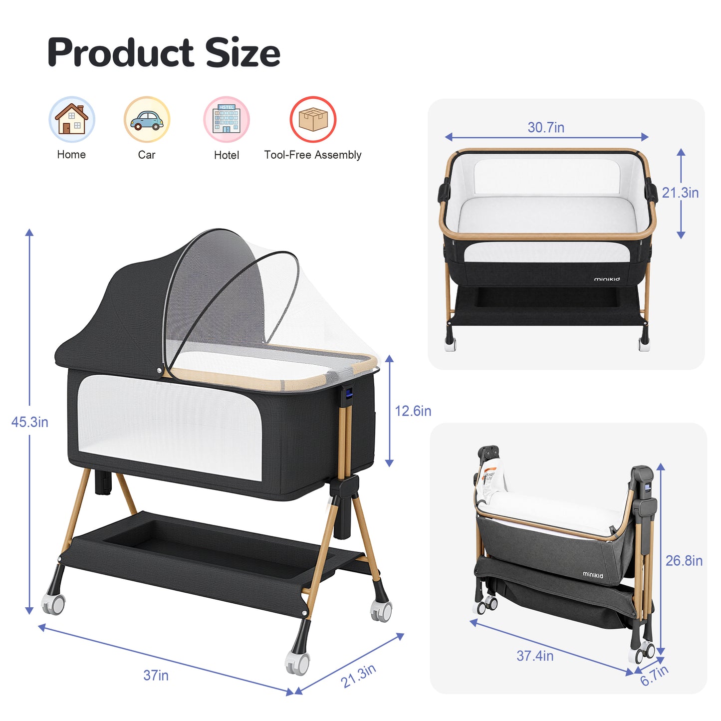 Vipuse 3-in-1 Baby Bassinet Bedside Sleeper, Black