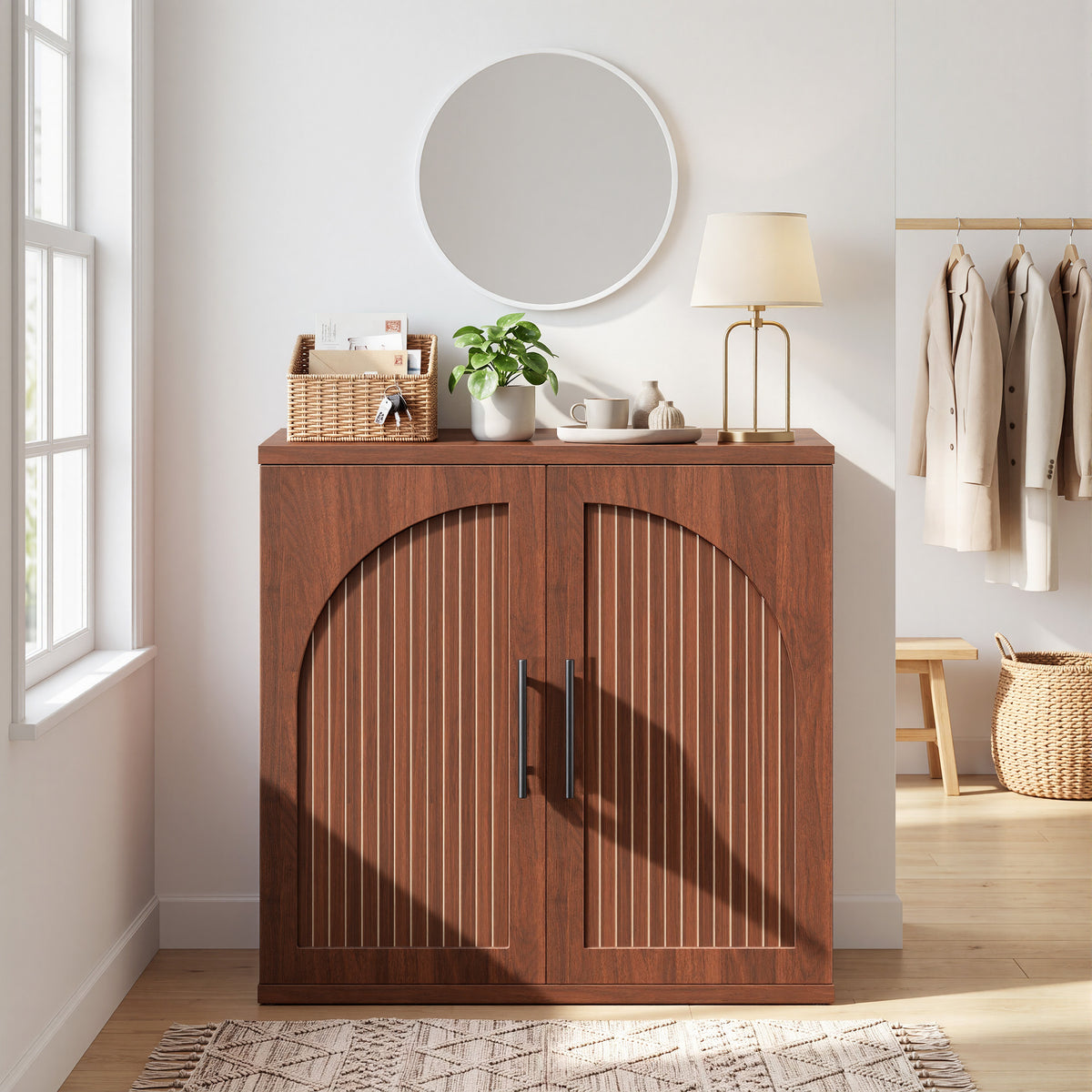 Hijob 31.5" Wide Sideboard with Arched Grooved Double Doors, Buffet Cabinet with Adjustable Shelves for Entryway, Living Room and Dining Room, Walnut