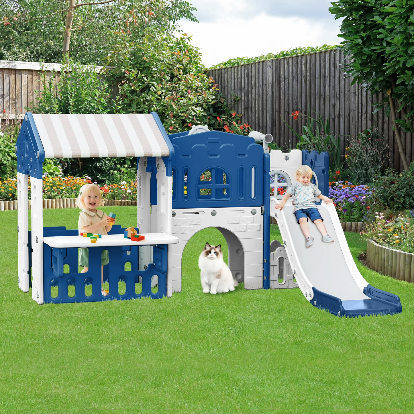 WFUN 9 in 1 Indoor Infant Toddler Playground Slides Playset for Backyard Home, Blue & Gray