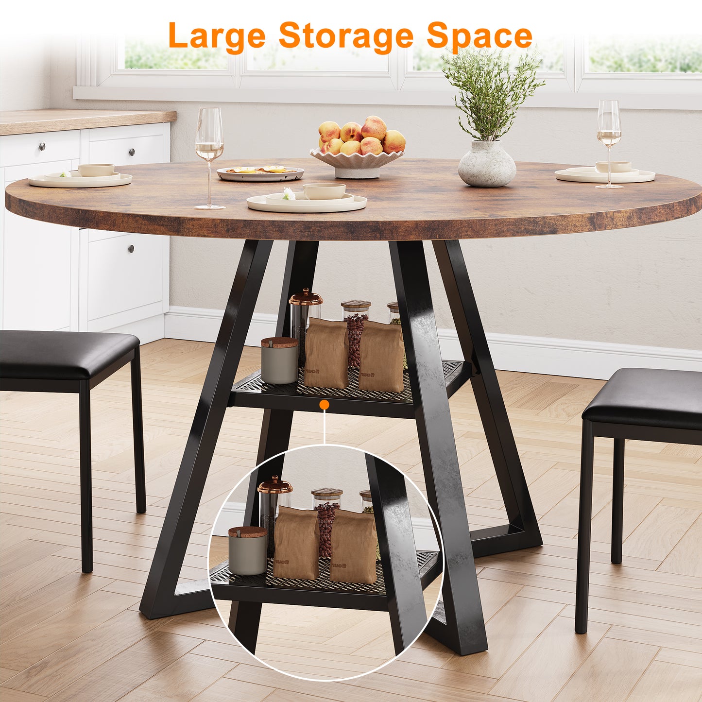 Anyact 47 inch Wood Dining Table for 4, Round Kitchen Dining Table with Storage Shelf for Home Dining Room Living Room, Brown(Only Table)