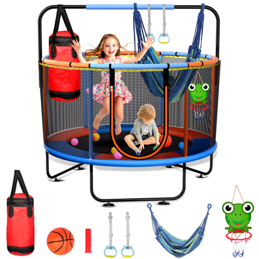 Vipuse 55" Indoor Outdoor Mini Round Trampoline for Kids with Enclosure Net and Basketball Hoop