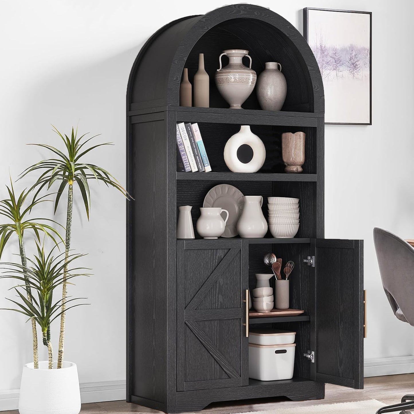 Anyact Farmhouse Arched Bookshelves and Bookcases with Doors Floor Standing 5 Shelf Display Storage Shelves 71 in Tall Bookcase for Home Office, Living Room, Black