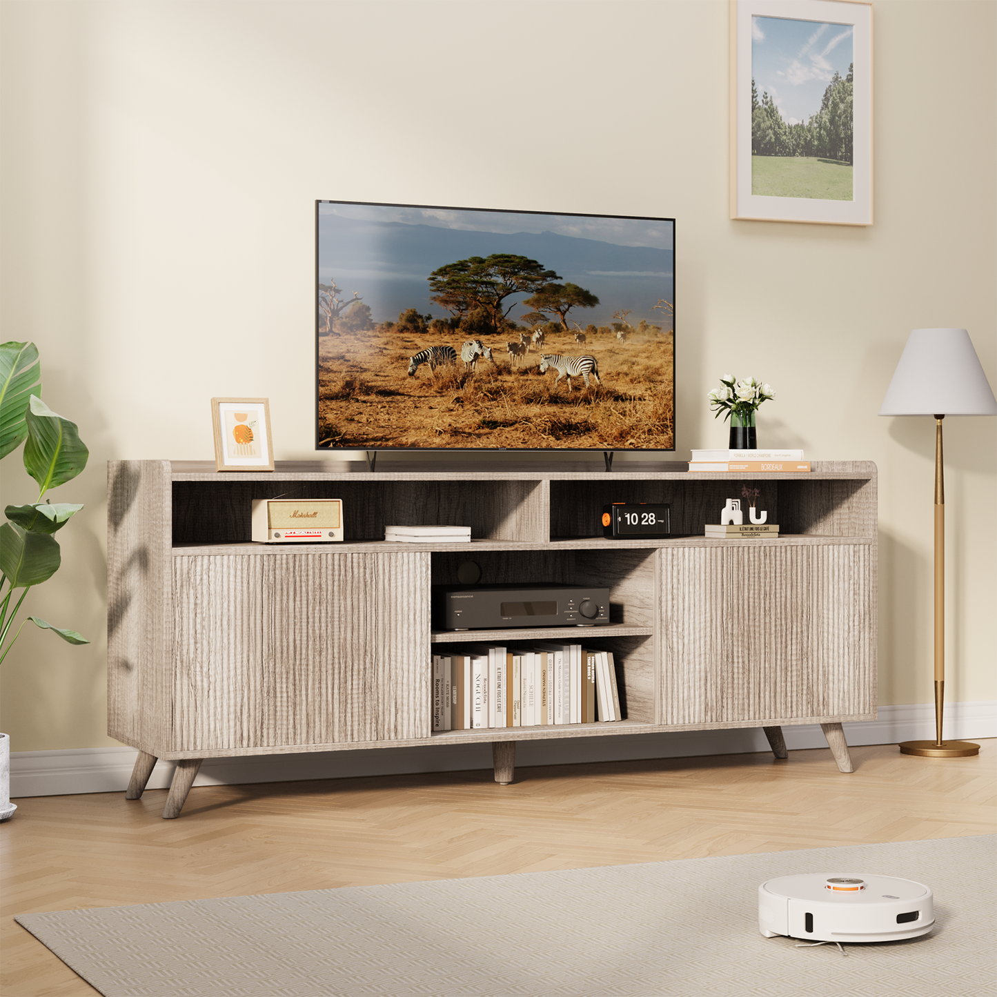 Nifamembo Modern Fluted-Door TV Stand for 65 Inch TV, Entertainment Center with Storage Cabinets for Living Room