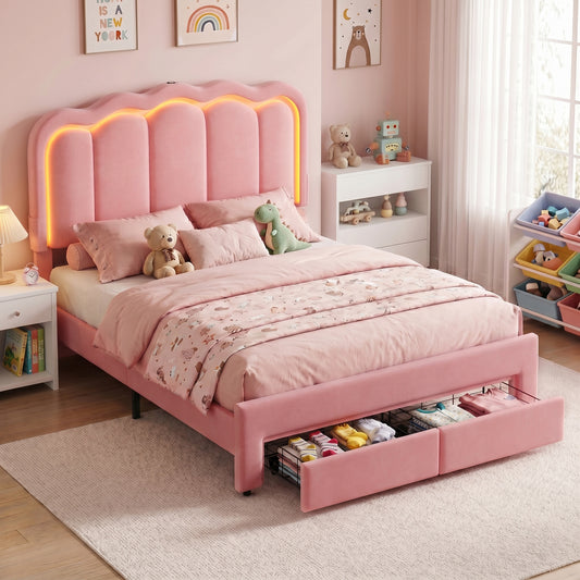 Hijob Full Size LED Bed Frame with Storage Drawers, Velvet Upholstered Platform Bed with Adjustable Headboard, No Box Spring Needed, Pink