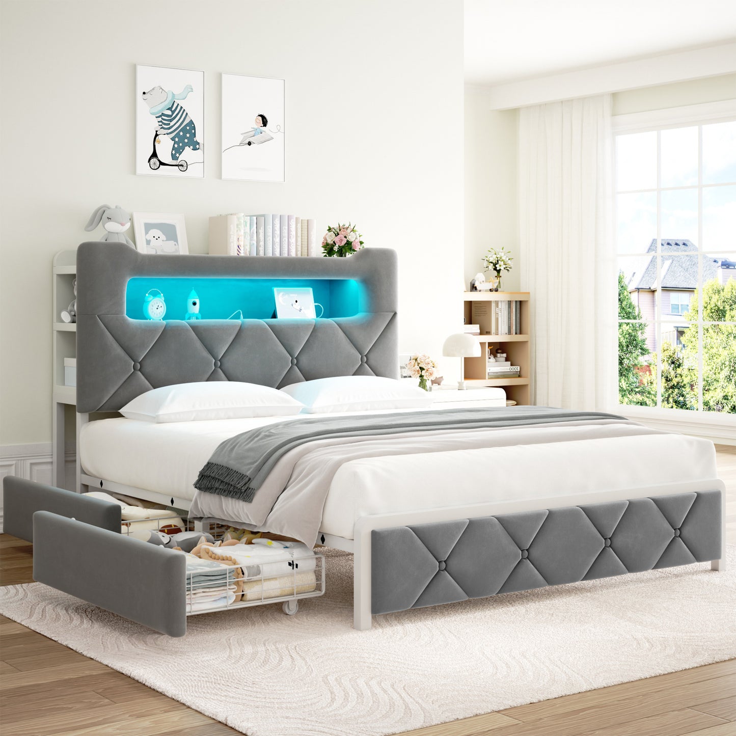 Hijob Full Bed Frame with 2-Tier Storage Headboard, Metal Platform Bed Frame with 2 Storage Drawers, Built in Charging Station & LED,Gary