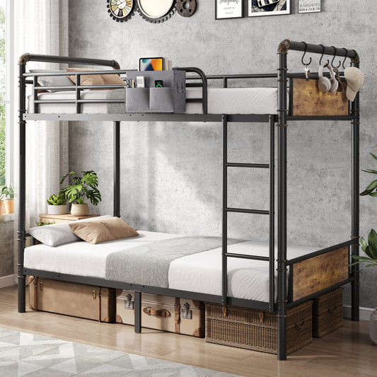 Hijob Twin over Twin Bunk Bed(Convertible into 2 Seperate Beds),Antique Heavy Duty Metal Bed Frame with Storage Bag&Hooks for Adults Teens,Black&Brown