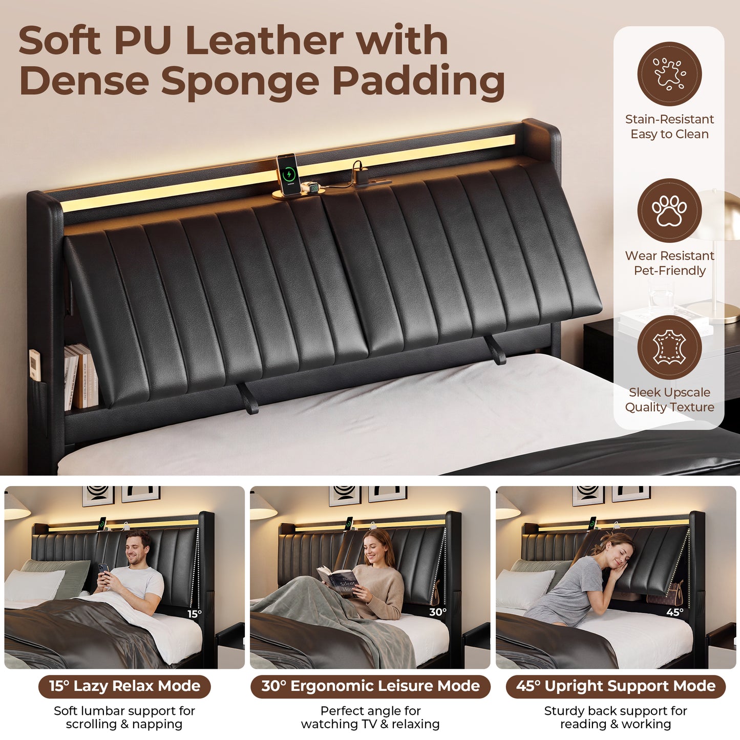 HiJob Queen Size Floating Bed Frame with Reclining PU Leather Storage Headboard, 3 Adjustable Positions, RGB LED Lights, Charging Station, Heavy Duty Platform Bed