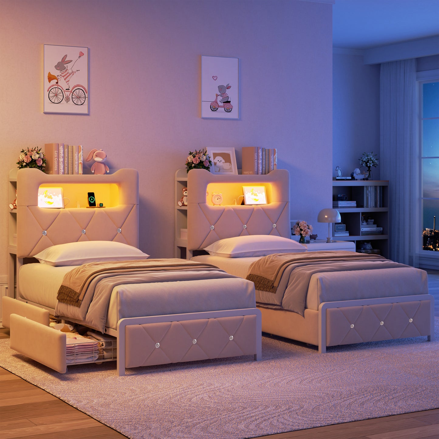 Anyact Twin Bed Frame with 2-Tier Storage Headboard, Metal Platform Bed Frame with 2 Storage Drawers, Built in Charging Station & LED, Beige