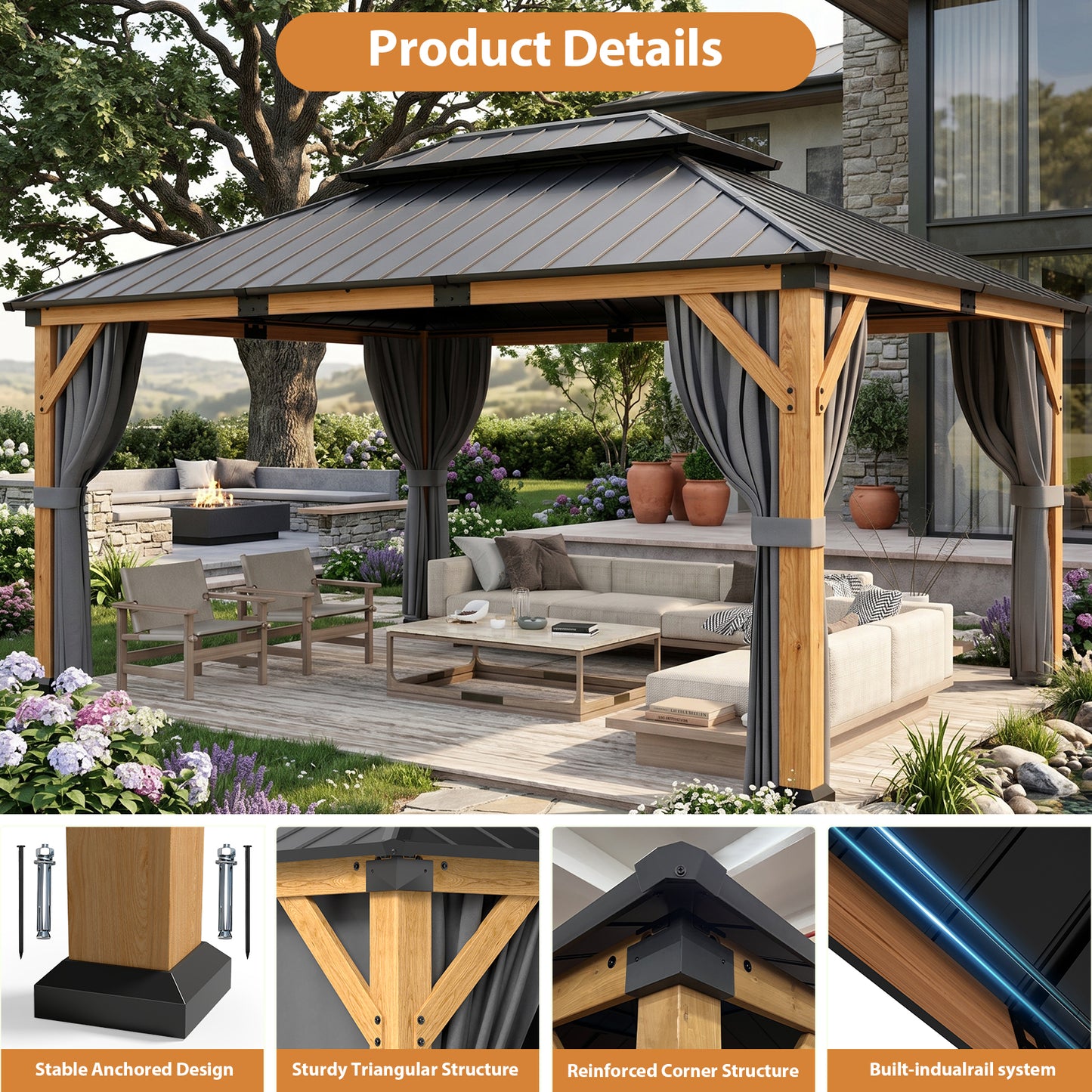 Cocosity 16FT(L) x 12FT(W) x 9.5FT(H) Outdoor Hardtop Wood Gazebo with Netting & Curtains, All-Weather Permanent Wooden Pavilion with Double Metal Roof for Patio, Backyard, Deck, and Lawn