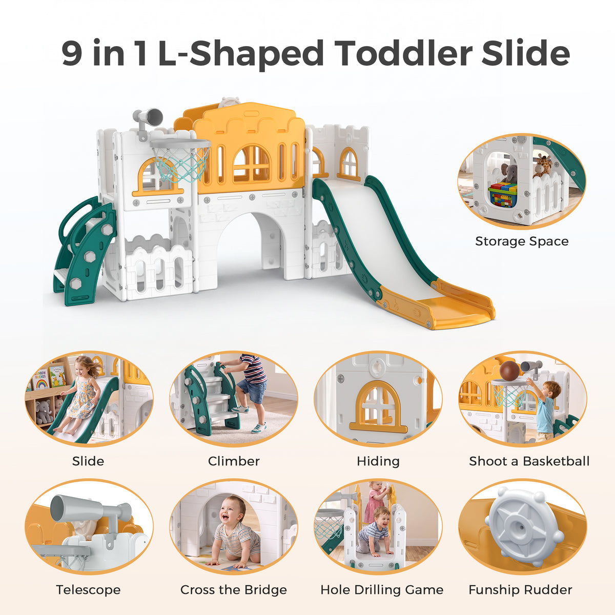 Vipuse 9 in 1 Toddler Slide Playset for Kids Indoor/Outdoor for Toddlers Age 1+, Yellow & Green