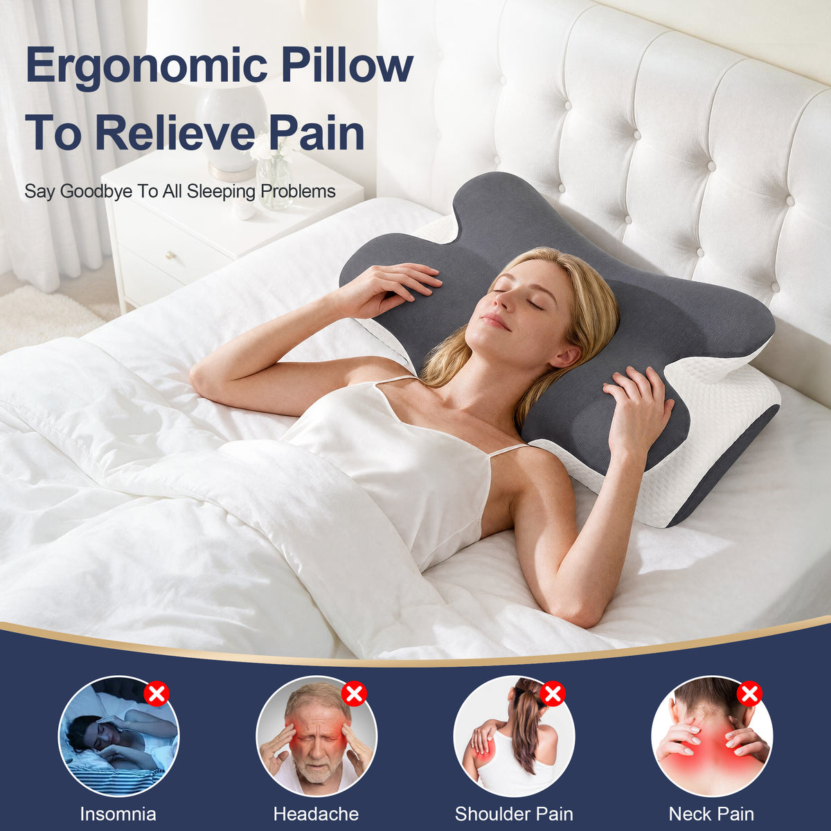 Vipuse Memory Foam Ergonomic Cervical Neck Support Bed Pillows for Side Back Stomach Sleeper Sleeping