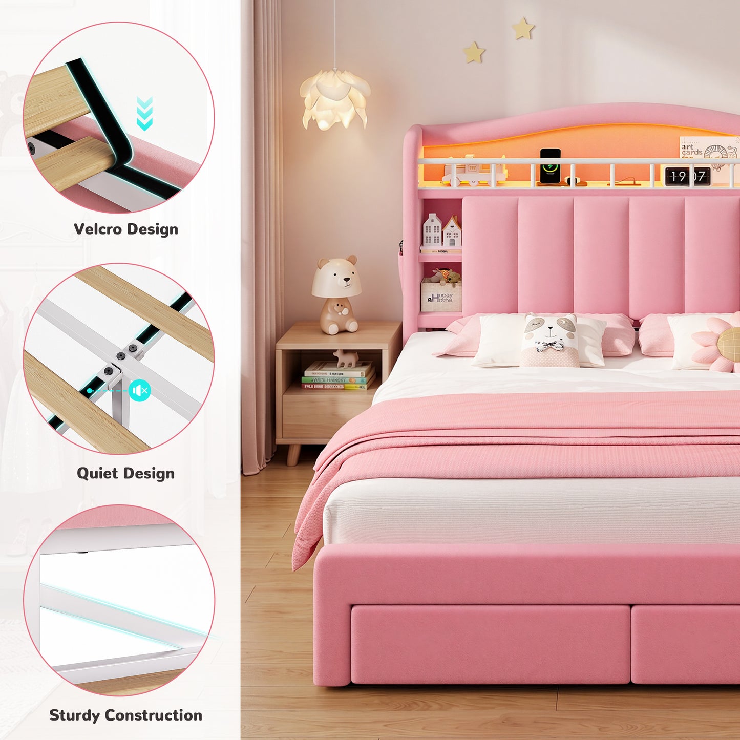 Hijob Pink Velvet Upholstered Platform Full Size LED Bed Frame with Drawer Adjustable Lighted Headboard for Girls Kid's Bedroom, Pink