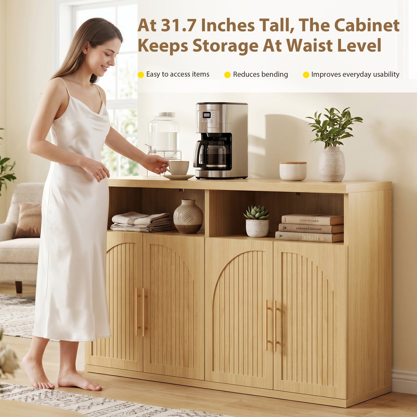 Hijob Modern Fluted Sideboard Cabinet, 63" Width Sideboard with Metal Handle w/Curved Profile Design, Open Shelf Sideboard, Natural Oak