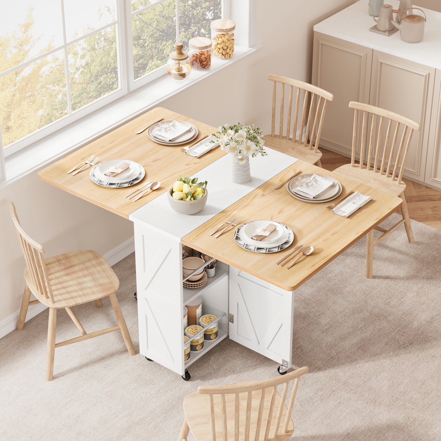 Anyact Space Saving Versatile Folding Kitchen Dining Table with Wheels & Storage Shelf for Small Apartment