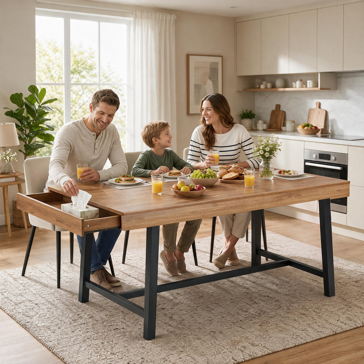 HiJob 71" Dining Table for 6-8 People with 2 Storage Drawers, 3.94" Thickened Tabletop, Modern Farmhouse Rectangular Wood Kitchen Table, Walnut Finish