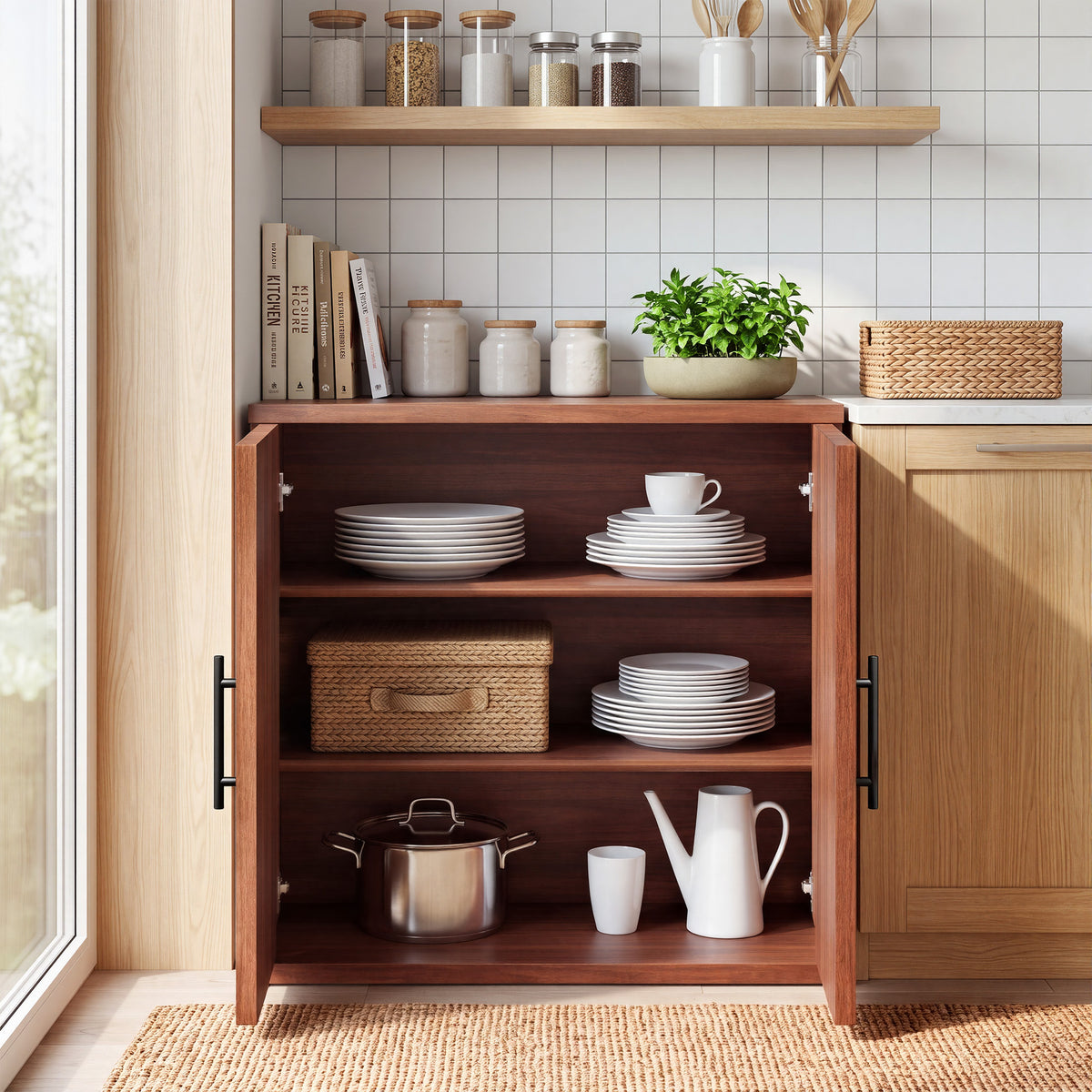Hijob 31.5" Wide Sideboard with Arched Grooved Double Doors, Buffet Cabinet with Adjustable Shelves for Entryway, Living Room and Dining Room, Walnut