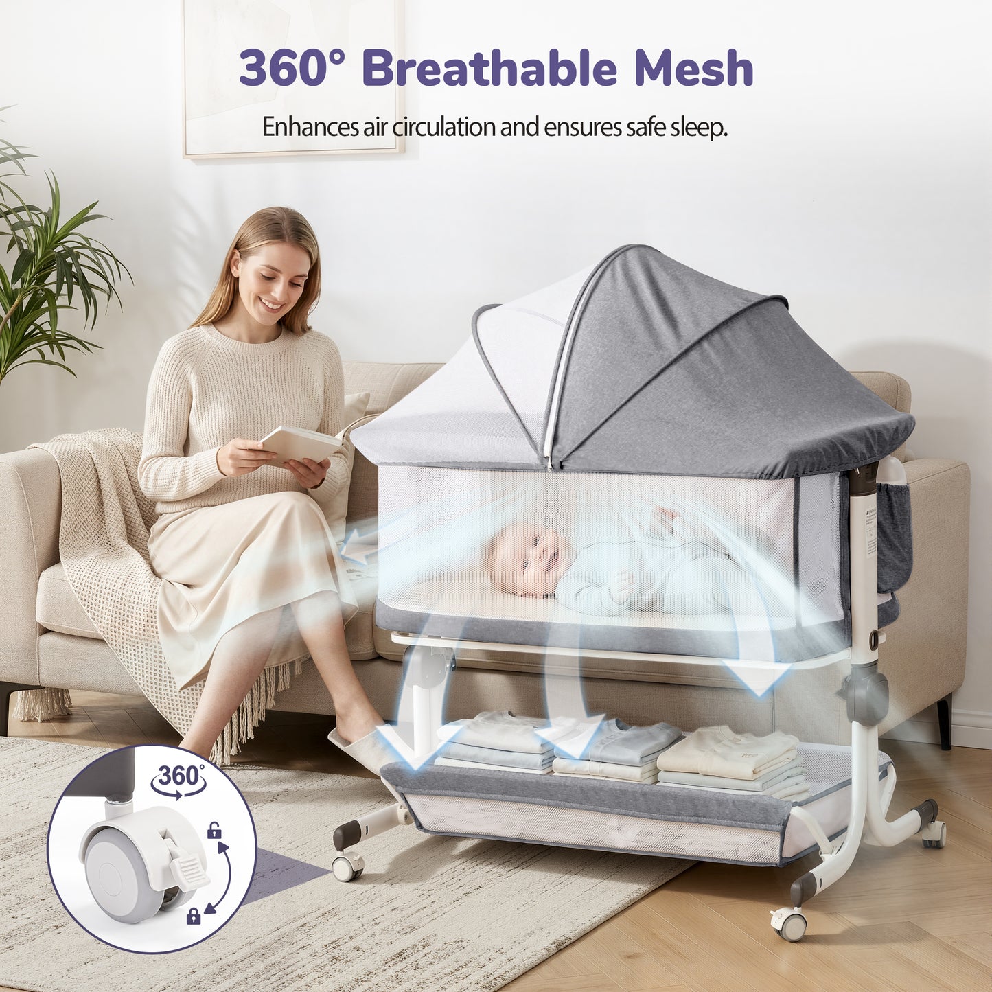 Minikid 3-in-1 Baby Bassinet Bedside Sleeper, 6 Height Adjustments, Full Mesh Breathable, Portable Newborn Baby Crib with Storage Basket,Dark Gray